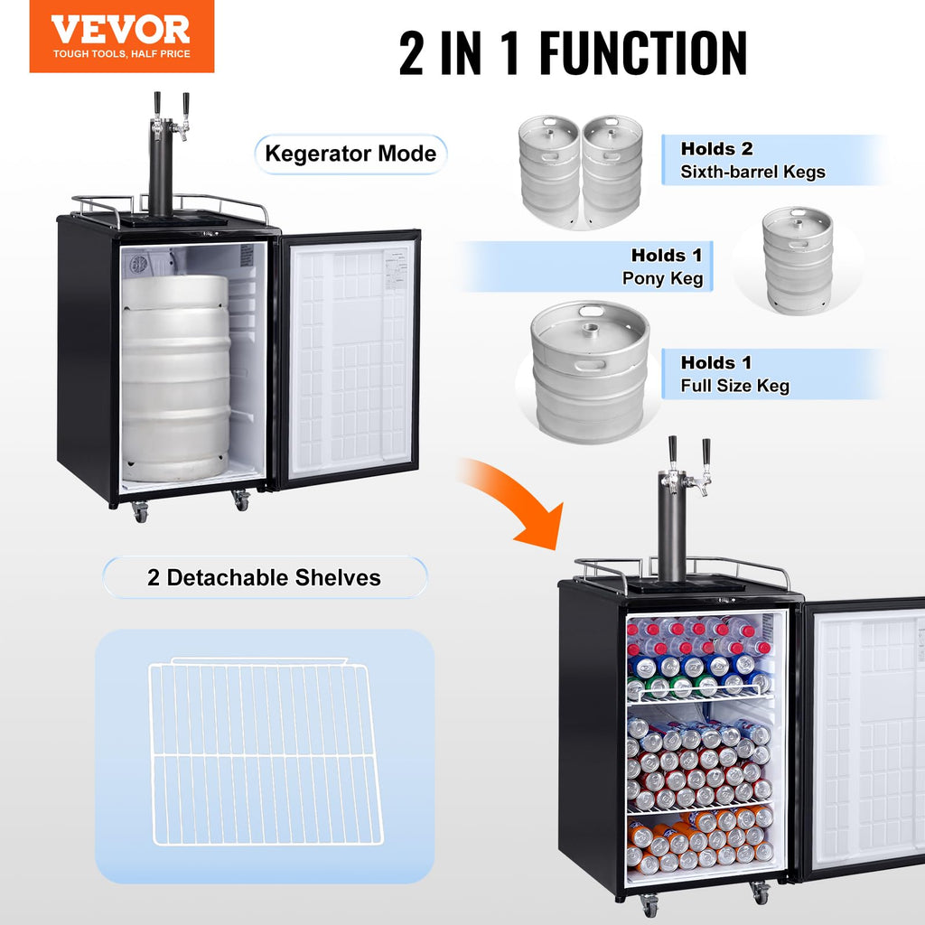 VEVOR Beer Kegerator, Dual Tap Commercial Draft Beer Dispenser for D system, Full Size Keg Refrigerator with 5lbs CO2 Tank, Hold 2 Sixth / 2 Ball lock keg, Black