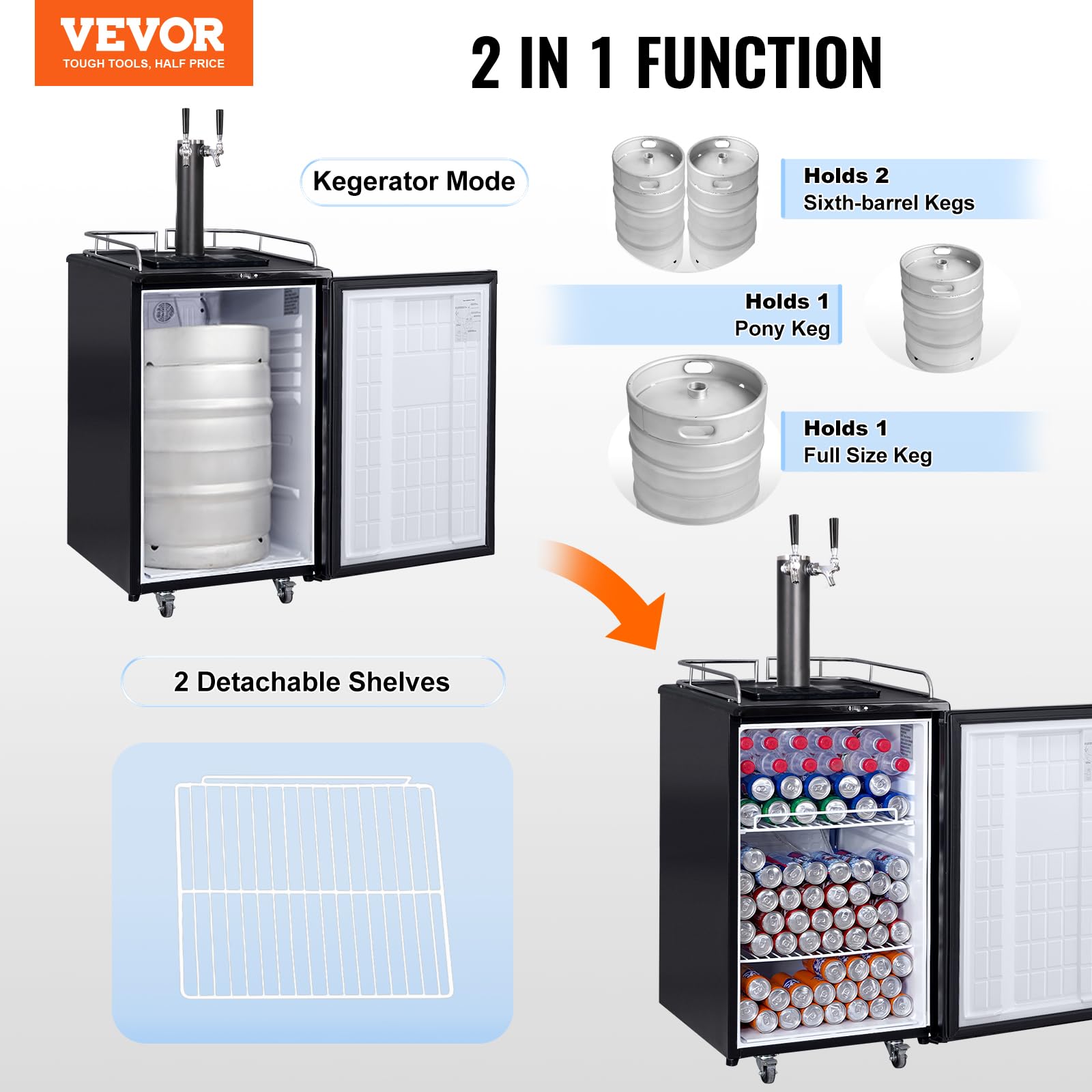 VEVOR Beer Kegerator, Dual Tap Commercial Draft Beer Dispenser for D system, Full Size Keg Refrigerator with 5lbs CO2 Tank, Hold 2 Sixth / 2 Ball lock keg, Black