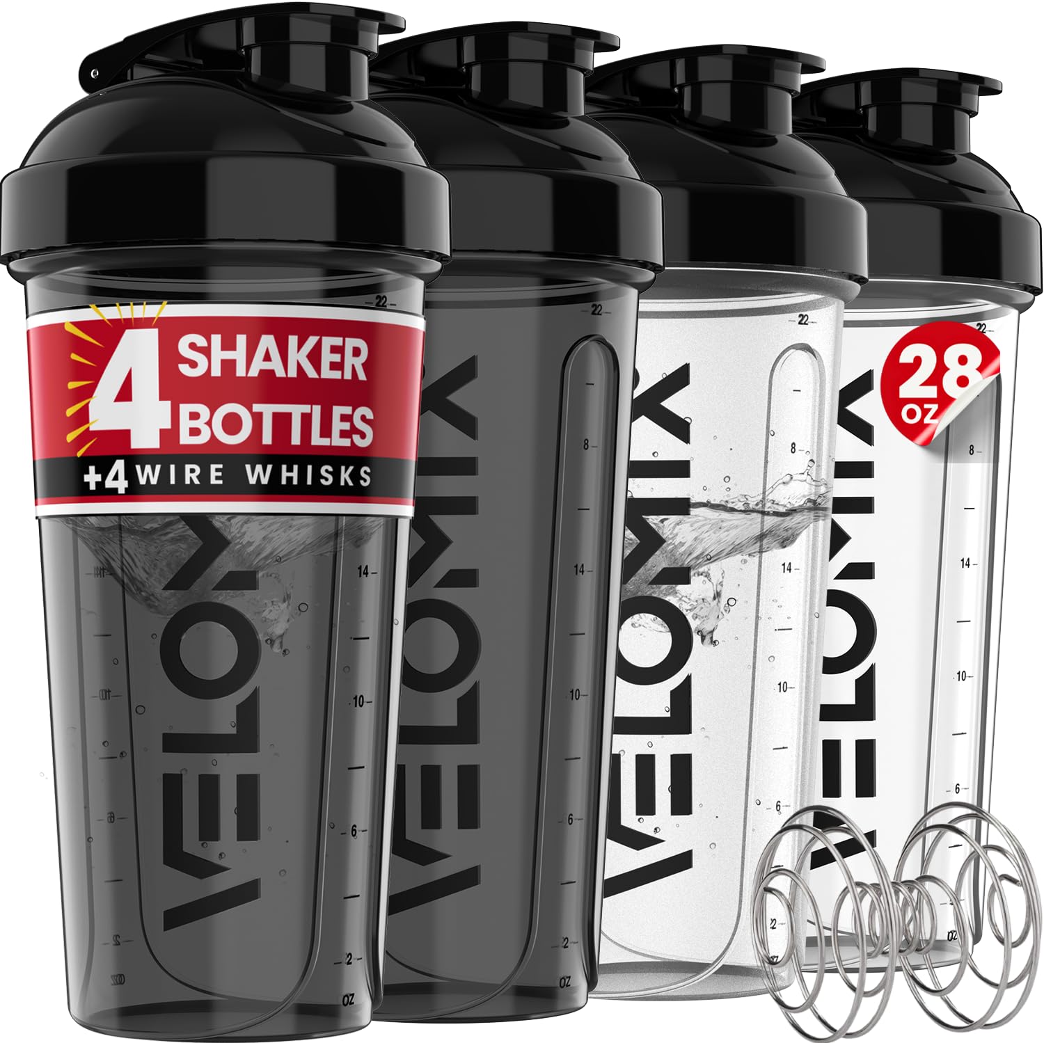 VELOMIX -4 PACK- 28 oz Protein Shaker Bottle for Protein Mixes - 4x Wire Whisk | Leak Proof Shaker Cups for Protein Shakes | Protein Shaker Bottle Pack | Protein Shake Cup (NeoCool Pack)