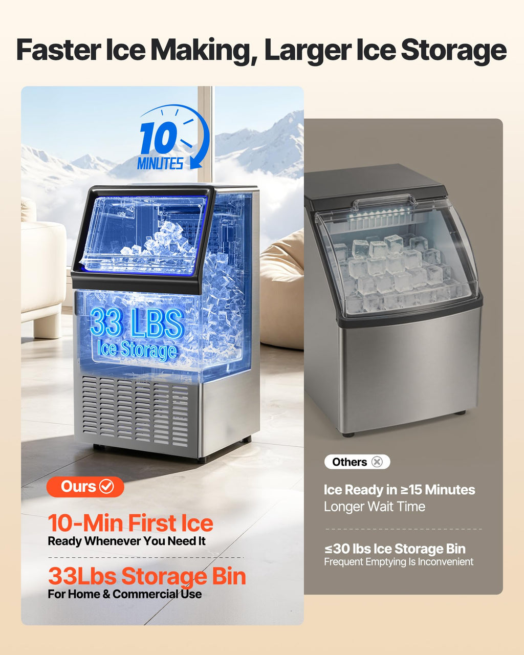 VEVOR Commercial Ice Maker Machine, 100 lbs/24h with 30-35 lbs Storage, Bullet Ice,Built-in/Freestanding/Under Counter, Stainless Steel Ice Maker with LED Display for Home Bar Restaurant