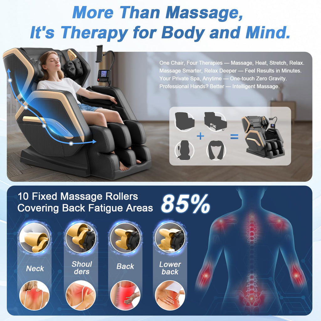 Massage Chair Full Body, Zero Gravity Massage Chair 2026 for Back Fatigue with 10 Fixed Rollers, Heating, Airbags, Phone Controller, Nightlights, Bluetooth Speaker for Living Room, Bedroom