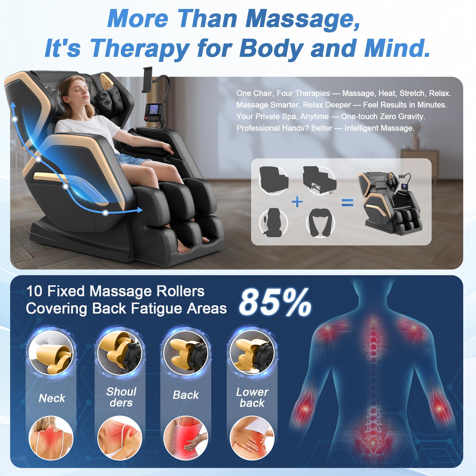 Massage Chair Full Body, Zero Gravity Massage Chair 2026 for Back Fatigue with 10 Fixed Rollers, Heating, Airbags, Phone Controller, Nightlights, Bluetooth Speaker for Living Room, Bedroom