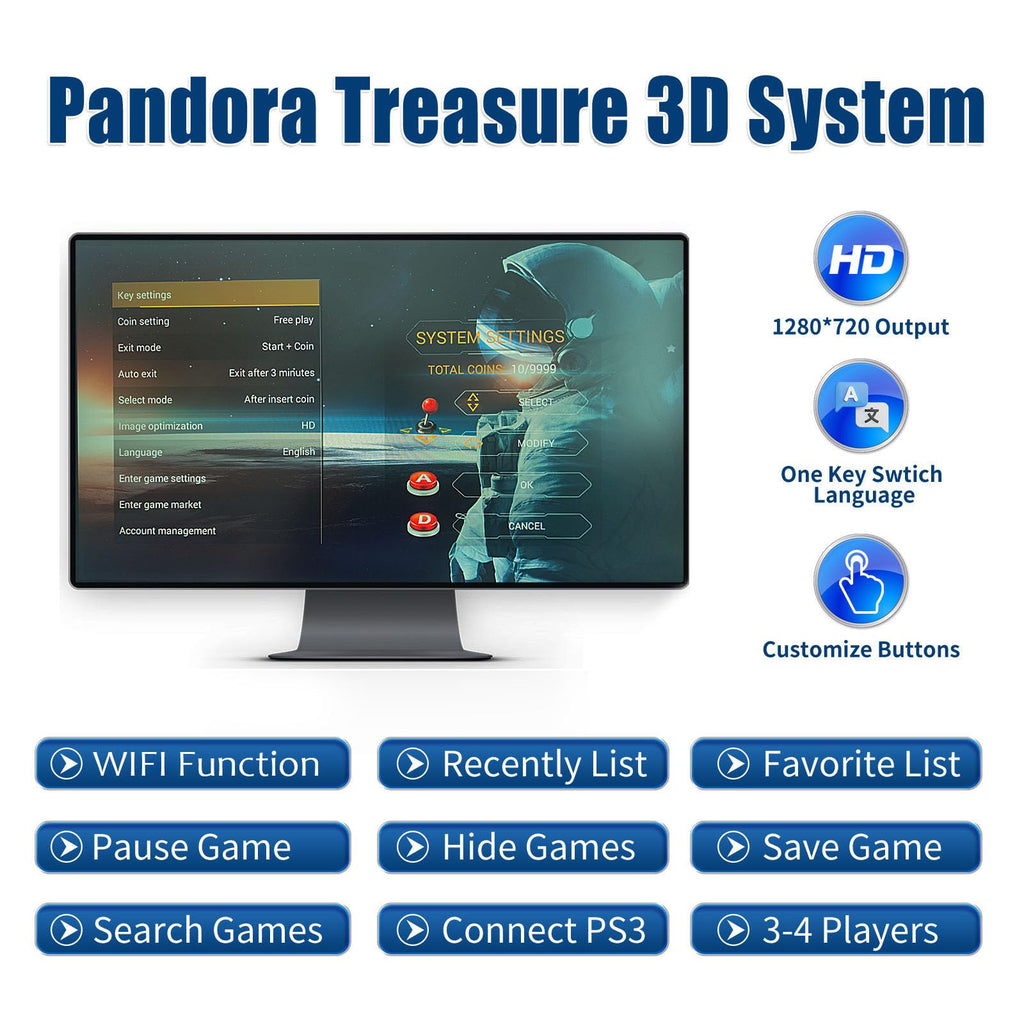 32000 Games 3D Pandora Box Arcade Game Console,Retro Video Game Machine for TV, 1280x720 HD Output,Search/Save/Hide/Pause Games,Support 4 Players,Two Splited Joysticks.