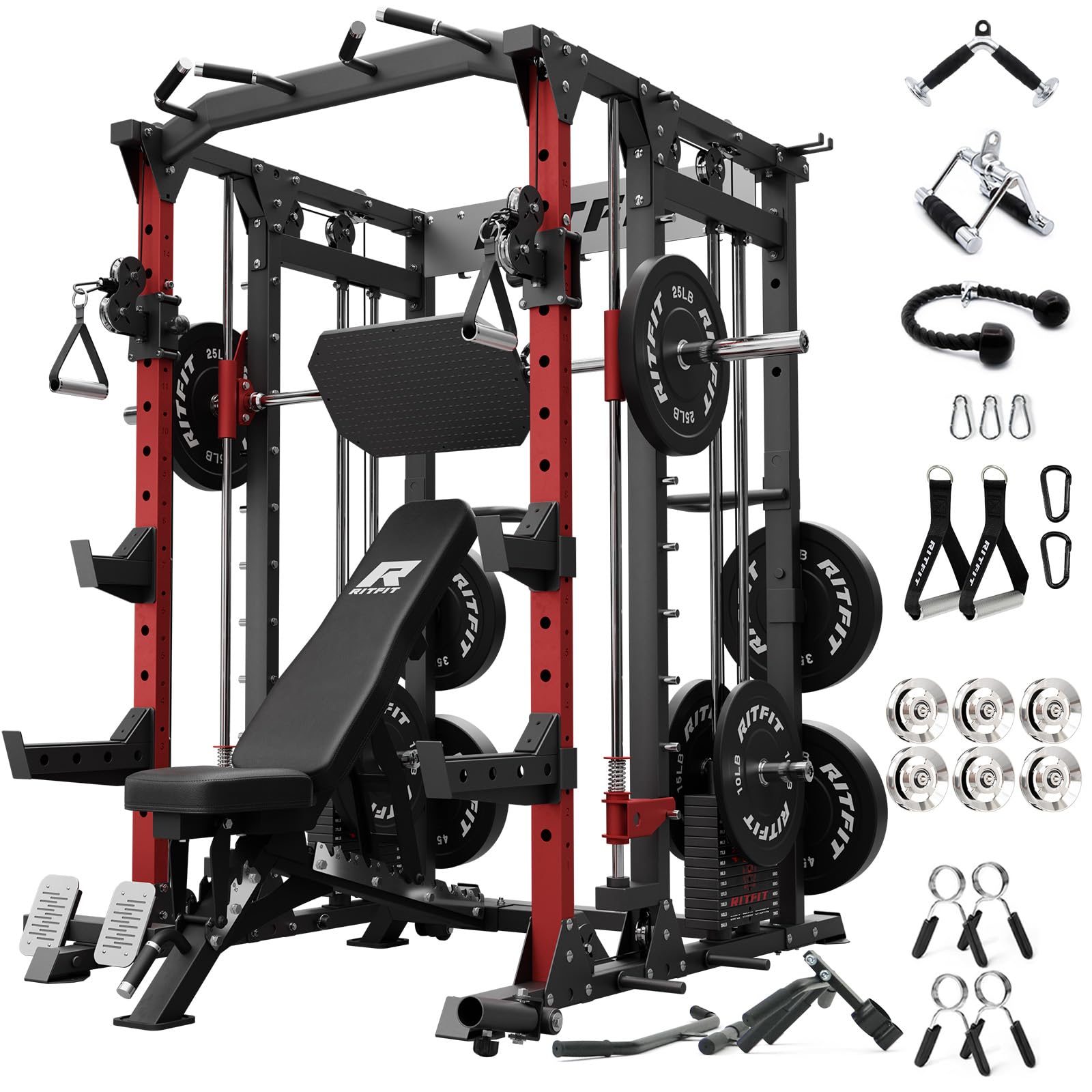 RitFit Buffalo Smith Machine Package, All-in-One Power Cage with Weight Stack , Power Rack with Cable Crossover & Leg Press Attachment for Home Gym