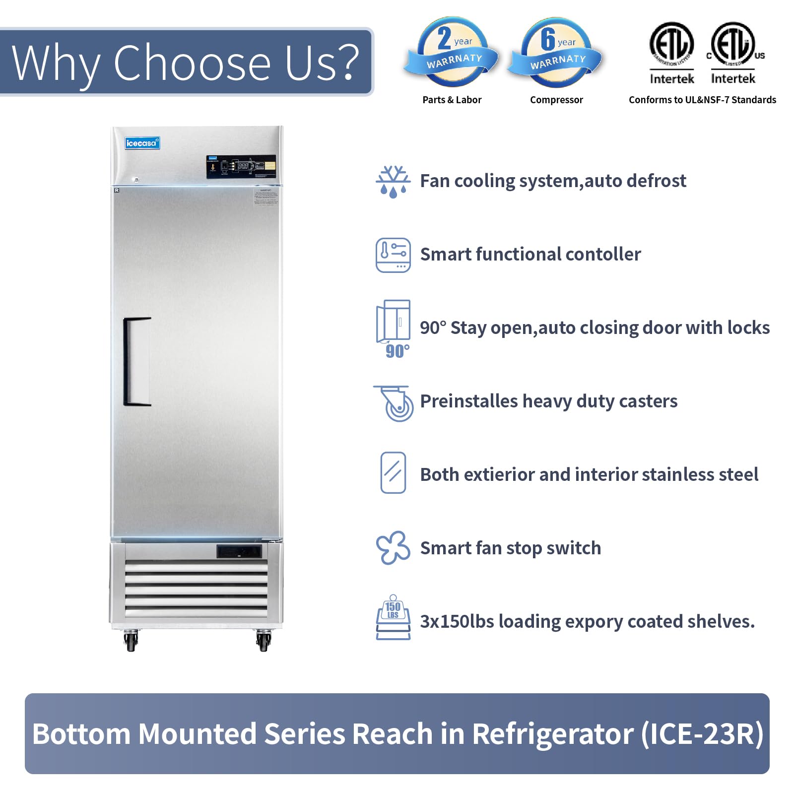 ICECASA 48" W Commercial Refrigerator Reach-in 36 Cu.ft 2 Solid Door Stainless Steel Commercial Refrigerator Fan Cooling for Restuarant, Bar, Shop, etc