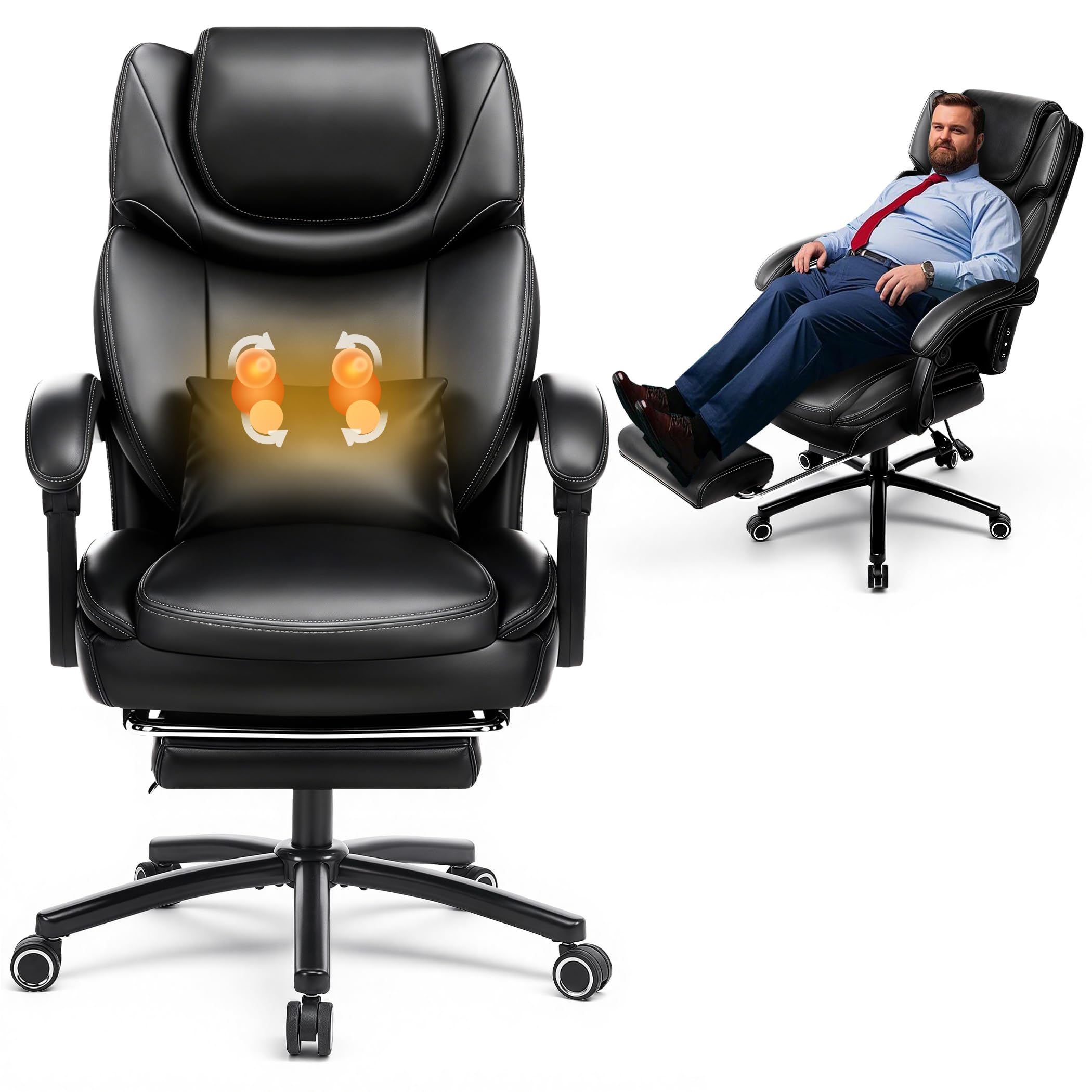 500lbs 3D Kneading Massage Office Chair with FootRest, Big and Tall Ergonomic Reclining Computer Gaming Chair, Padded Linkage Armrests, Heavy Duty Metal Base Executive Office Chair