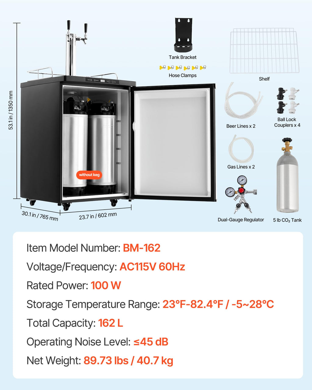 VEVOR Beer Kegerator, Dual Tap Commercial Draft Beer Dispenser for D system, Full Size Keg Refrigerator with 5lbs CO2 Tank, Hold 2 Sixth / 2 Ball lock keg, Black