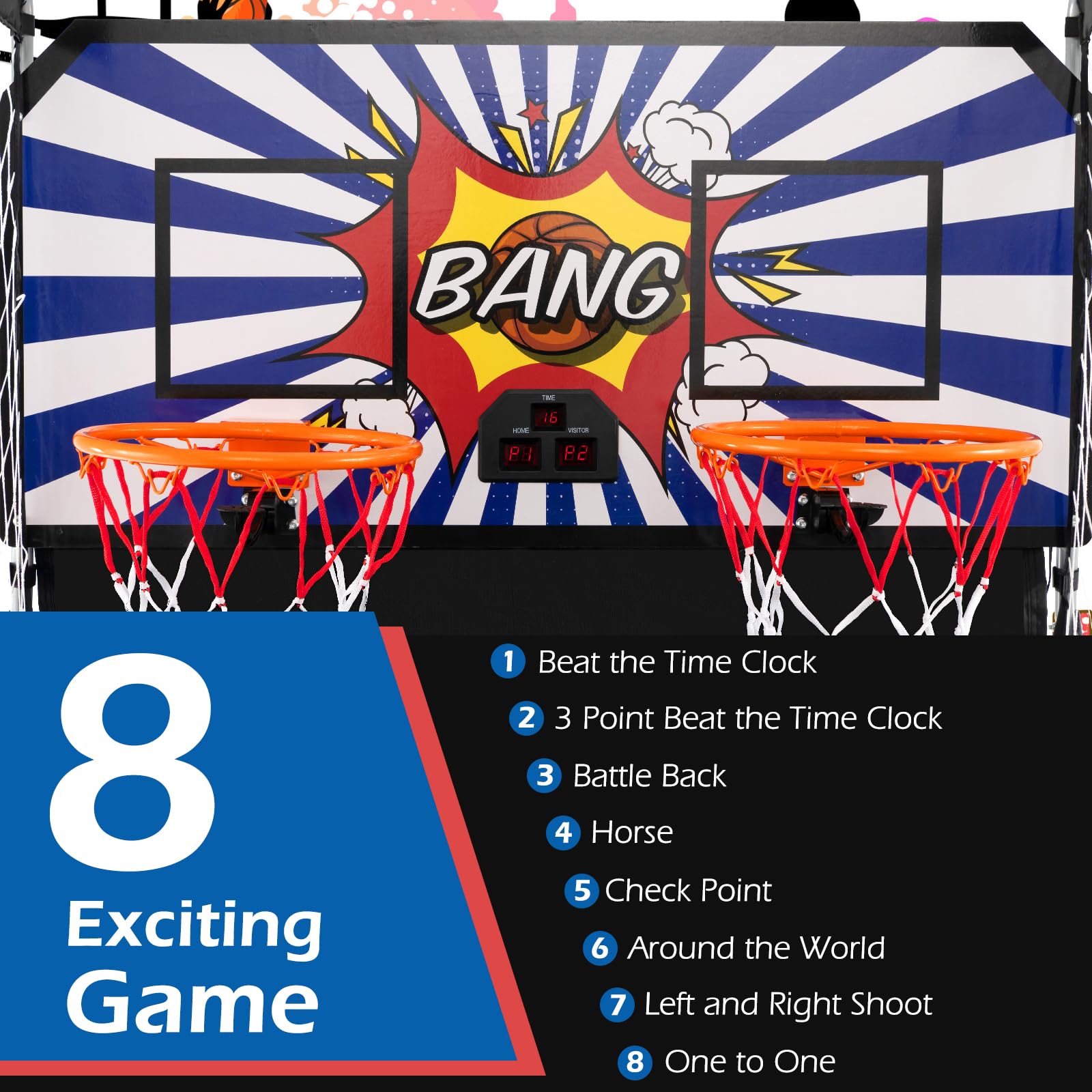Goplus Foldable Dual Shot Basketball Arcade Game, Electronic Basketball Hoop w/LCD Scoreboard, 8 Game Modes, 4 Balls, Indoor Outdoor Basketball Game Machine for Adults (Green)
