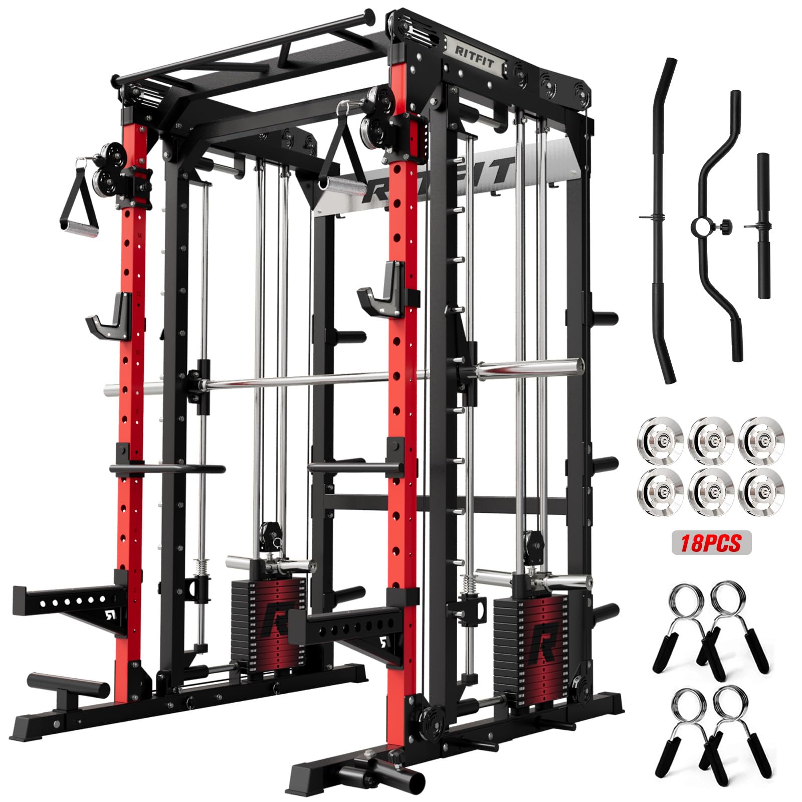 RitFit M2 3D Smith Machine & 286.6LB Built-in Weight Stack with Cable Crossover System, All in One Functional Trainer & Power Cage, 16 Adjustment Holes, 6 Storage Pegs for Full-Body Home Gym