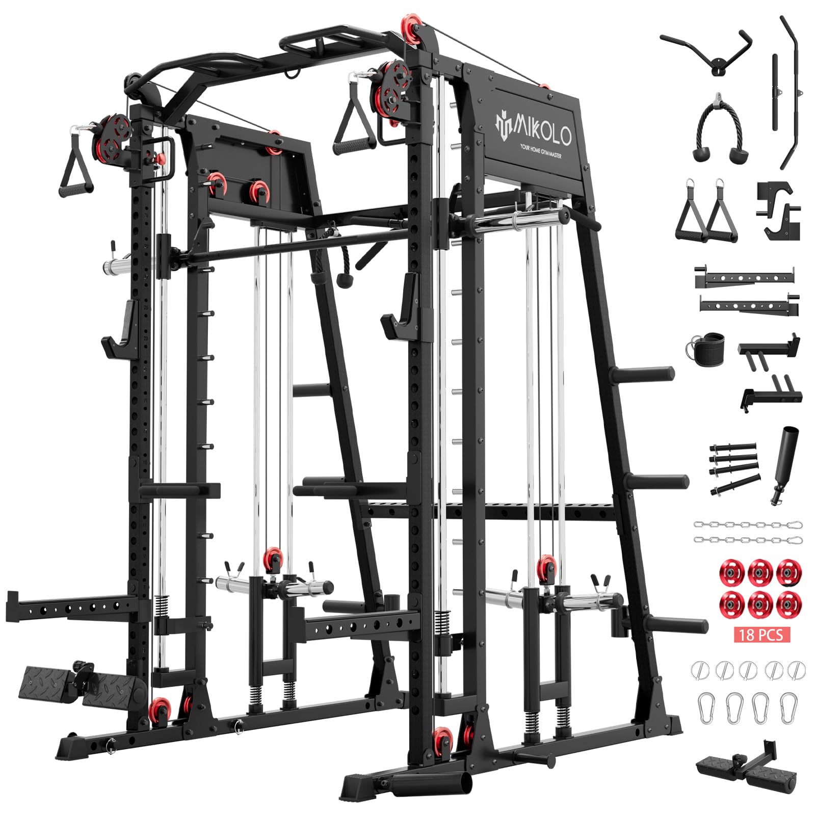 Mikolo M4 2.0 Smith Machine, 2200lbs Squat Rack with LAT-Pull Down System & Cable Crossover Machine, Training Equipment with Leg Hold-Down Attachment