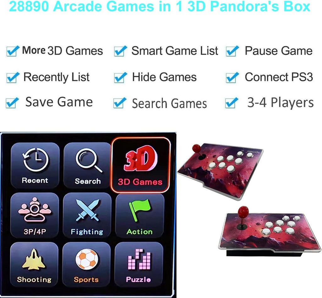 【36700 Games in 1】 Separate 3D WiFi Pandora's Box, Separate 2 in 1 Classic Arcade Game Console, 2 Joysticks, Support 3D, 1280x720 Full HD, Search/Save/Hide/Pause Game up to 4 Players