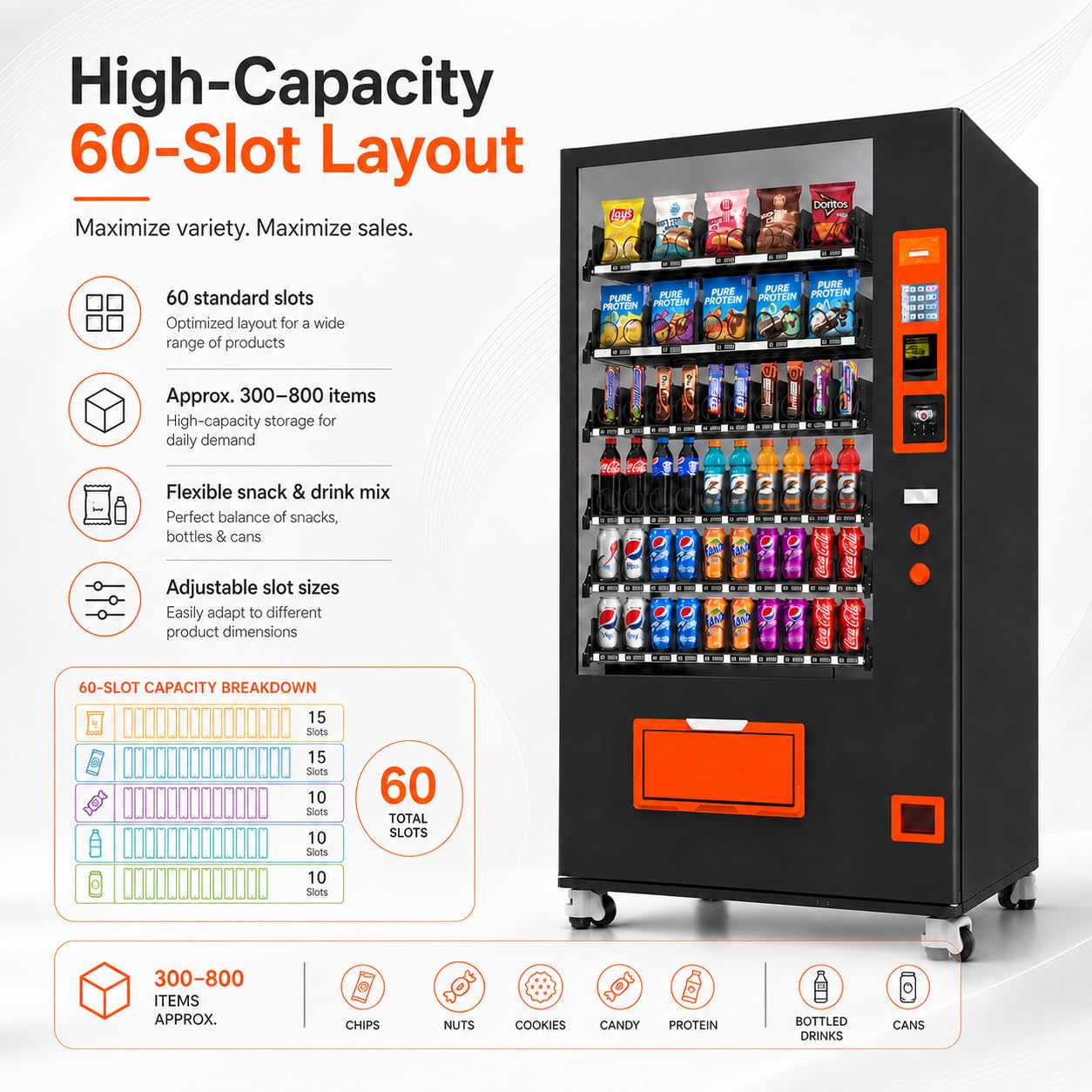 60 Slot Vending Machines for Business, Refrigerated Snack Drink Vending Machine, Commercial Smart Combo Vending Machine with Bill and Coin, Card Reader