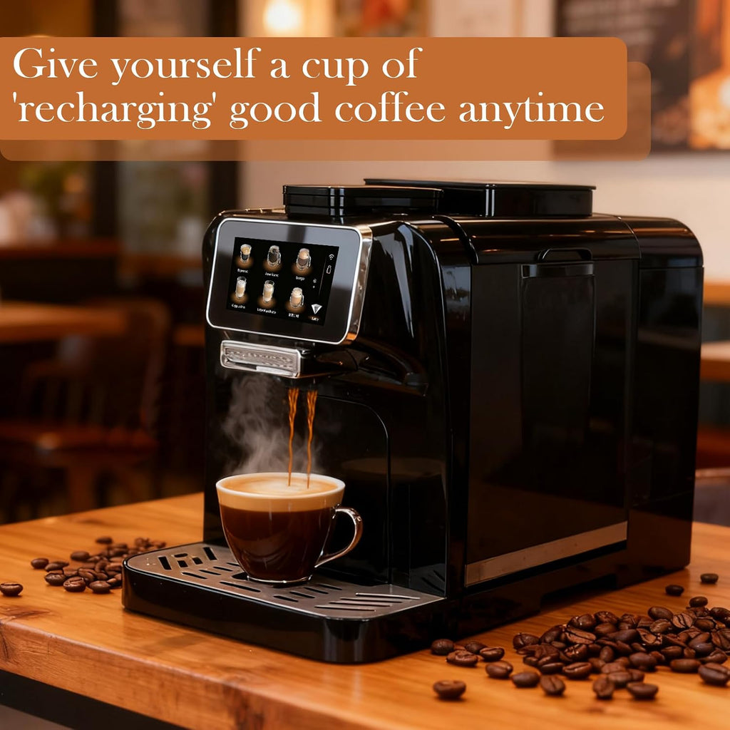 Fully Automatic Espresso Coffee Machine with Milk Cooler 4.3" Touchscreen Dual Heating 11 One Touch Beverages Adjustable Grinder & Milk Frother WiFi Smart Control