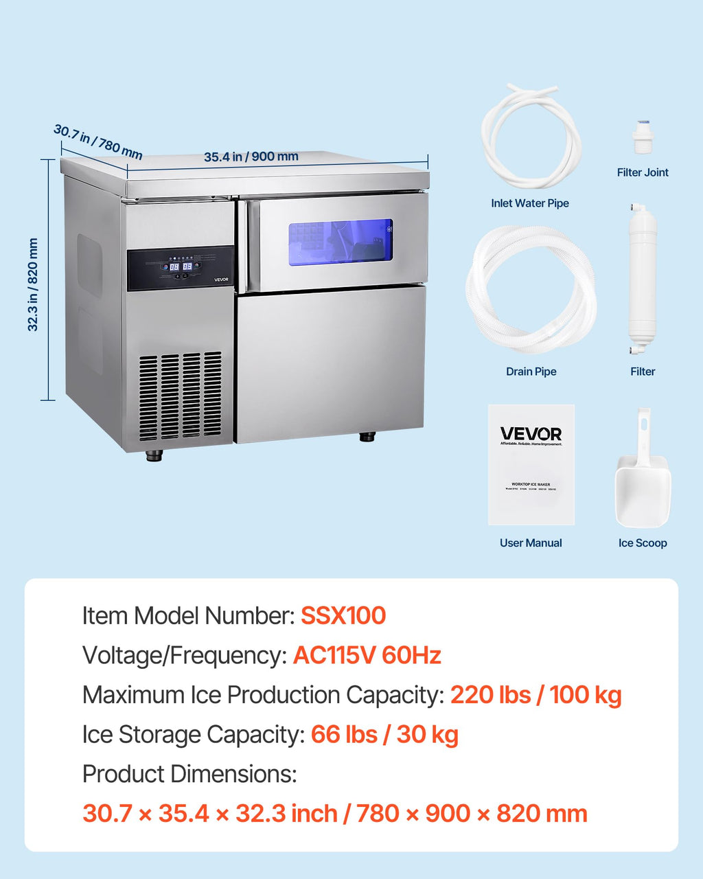 VEVOR Commercial Ice Maker Machine, 330 lbs/24H Stainless Steel Ice Machine with Worktop, 88 lbs Storage & 144 Cubes/Cycle, Self-Cleaning Freestanding Ice-Making for Home Bar Office Restaurant Kitchen