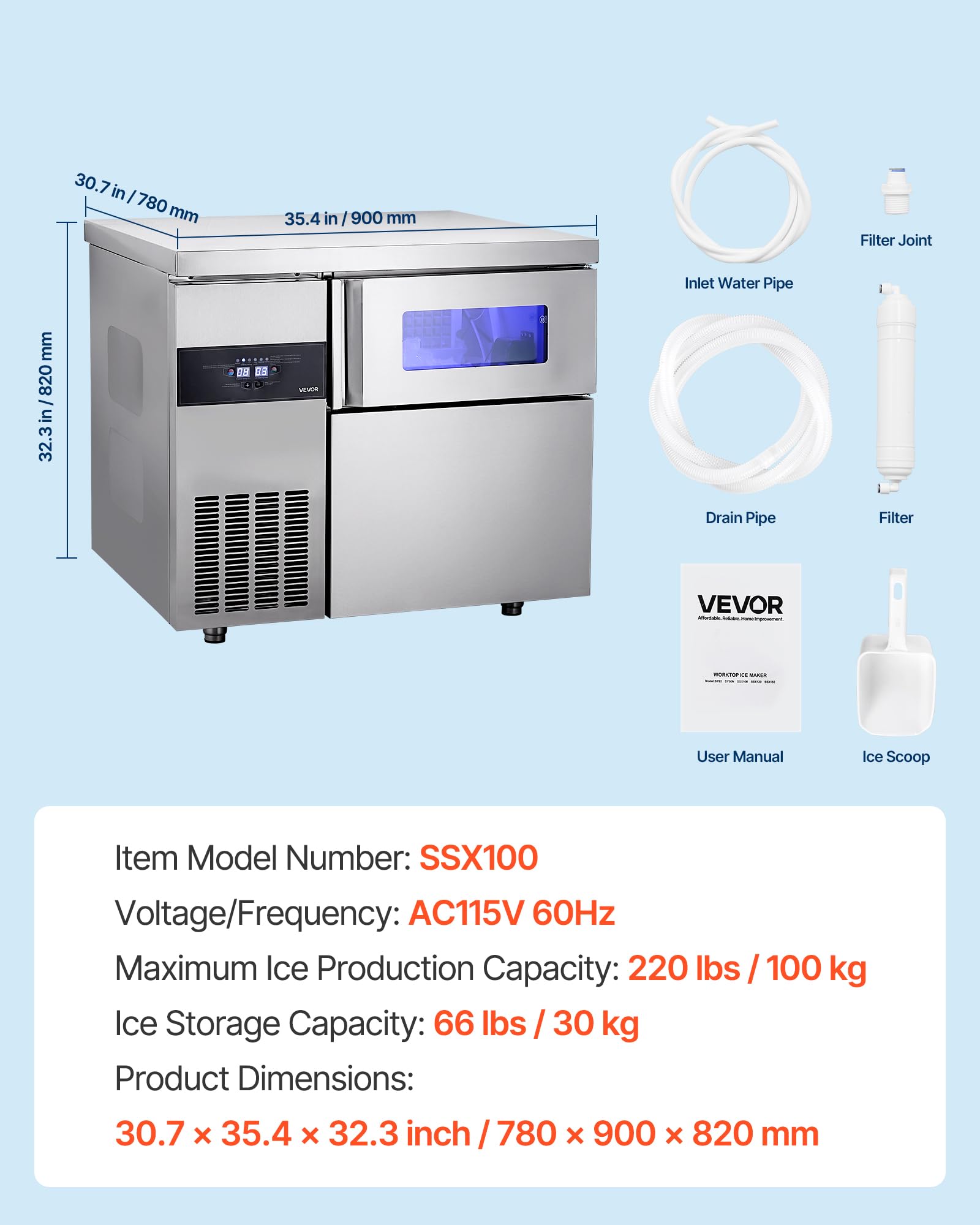 VEVOR Commercial Ice Maker Machine, 330 lbs/24H Stainless Steel Ice Machine with Worktop, 88 lbs Storage & 144 Cubes/Cycle, Self-Cleaning Freestanding Ice-Making for Home Bar Office Restaurant Kitchen