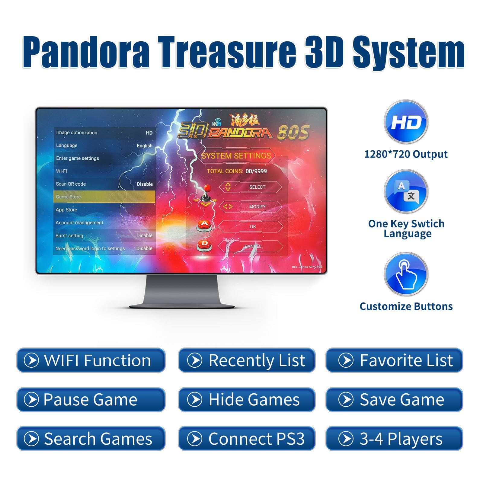 32000 Games 3D Pandora Box Arcade Game Console,Retro Video Game Machine for TV, 1280x720 HD Output,Search/Save/Hide/Pause Games,Support 4 Players,Two Splited Joysticks.