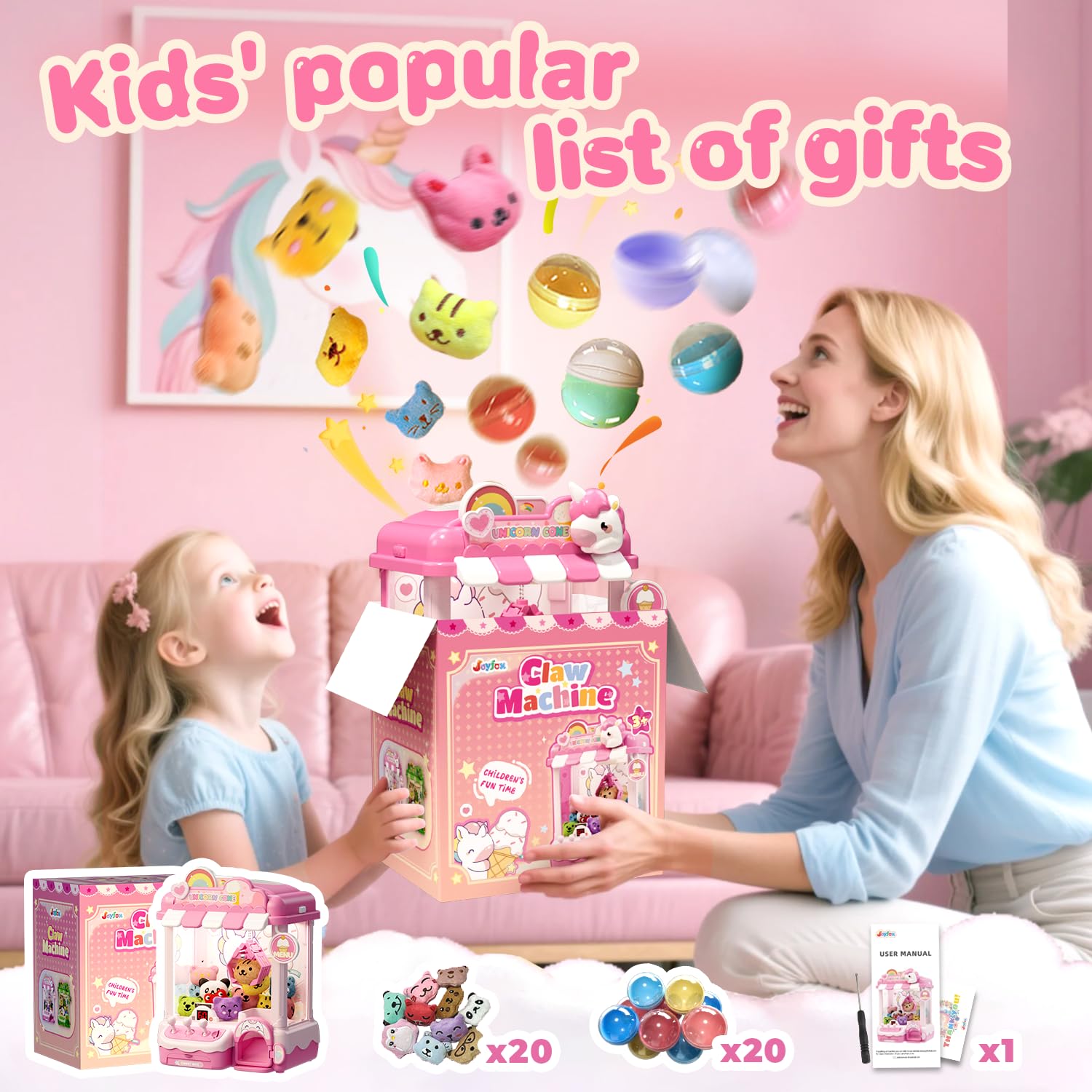 Unicorn Claw Machine for Kids, Arcade Prize Grabber with 20 Mini Plush Toys and 20 Capsules, 3-Lever Controls, Lights and Music, Gift for Ages 3 and Up