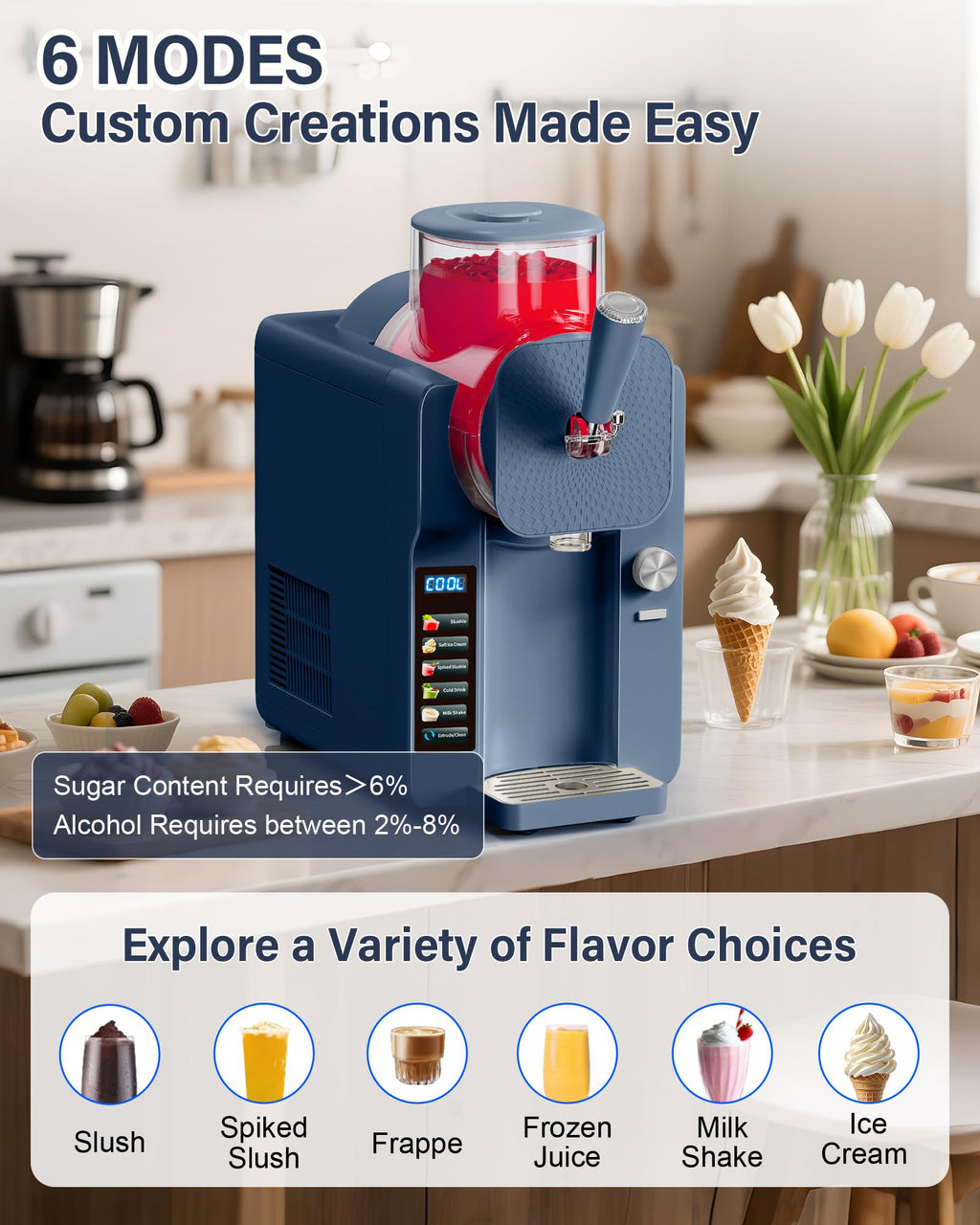 Slush Machine & Ice Cream Maker Machine 2-IN-1, 6 Modes for Smoothies, Milkshakes, Cocktails, Margarita, and Ice Cream, Double-Layer Tank, With Ice Cream Cone Holder, Self-Cleaning, For Home Use