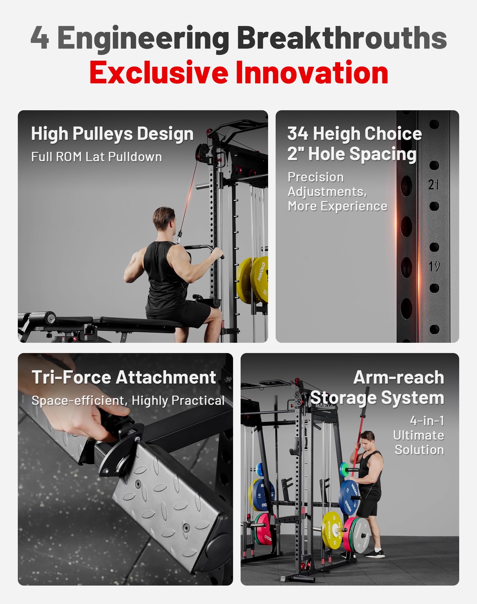Mikolo M4 2.0 Smith Machine, 2200lbs Squat Rack with LAT-Pull Down System & Cable Crossover Machine, Training Equipment with Leg Hold-Down Attachment