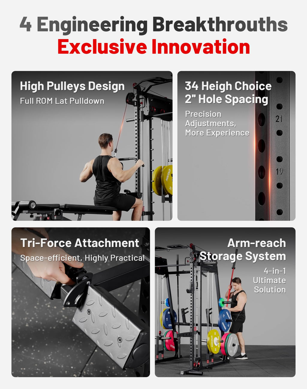 Mikolo M4 2.0 Smith Machine, 2200lbs Squat Rack with LAT-Pull Down System & Cable Crossover Machine, Training Equipment with Leg Hold-Down Attachment