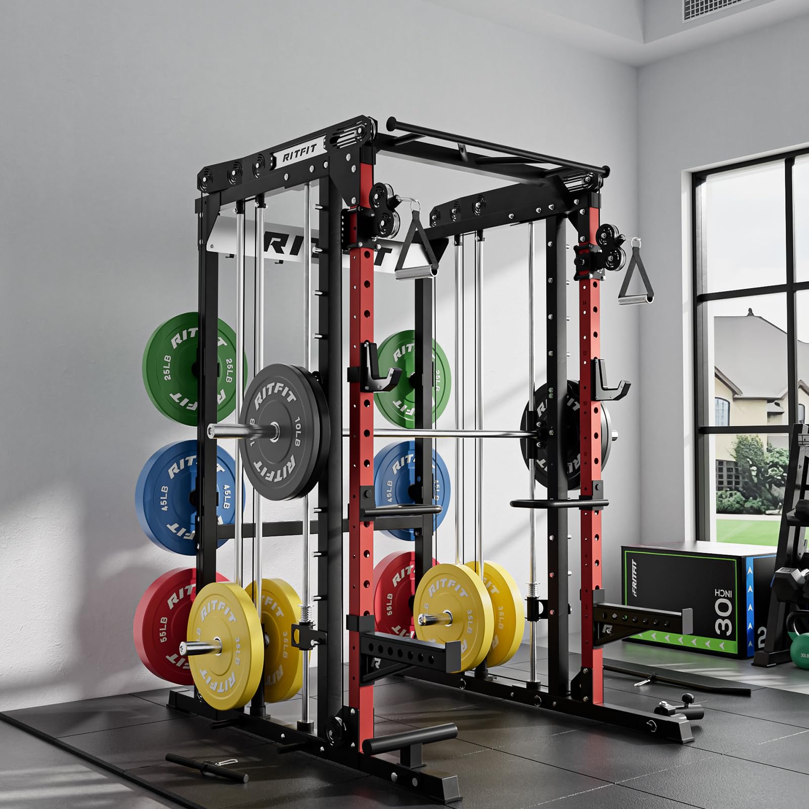 RitFit M2 3D Smith Machine & 286.6LB Built-in Weight Stack with Cable Crossover System, All in One Functional Trainer & Power Cage, 16 Adjustment Holes, 6 Storage Pegs for Full-Body Home Gym