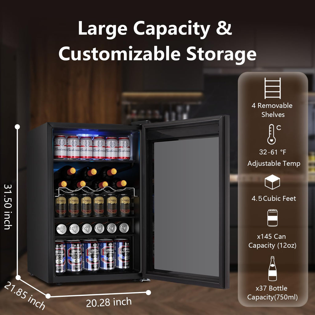 Electactic 50 Cans Beverage Refrigerator Cooler, 1.3 Cu.ft Mini Fridge Countertop Drink Cooler with Glass Door for Beer, Soda,Wine, Adjustable Digital Temperature Control for Home Dorm Bar, Black