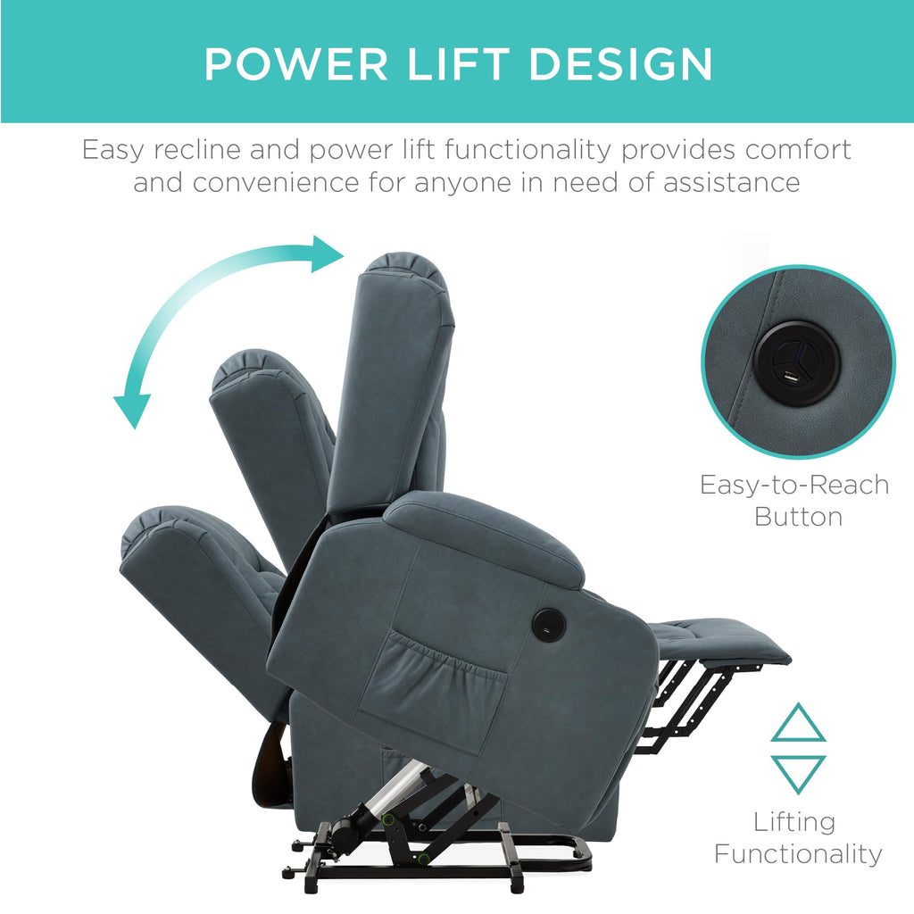 Best Choice Products PU Leather Electric Power Lift Chair, Recliner Massage Chair, Adjustable Furniture for Back, Legs w/ 3 Positions, USB Port, Heat, Cupholders, Easy-to-Reach Side Button - Olive