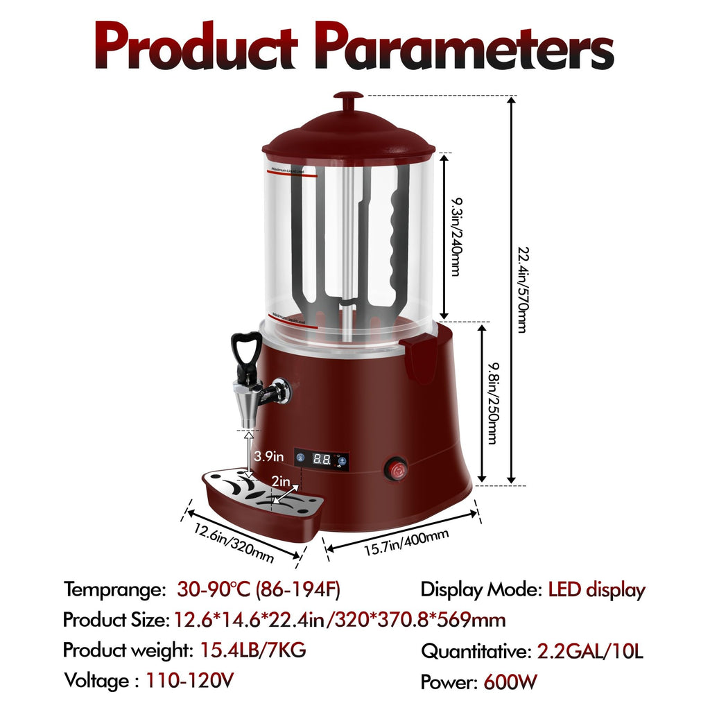 10L/2.6Gal Commercial Hot Chocolate Machine,Hot Beverage Maker, 86-194°F Intelligent Temperature Control, Hot Drink Dispenser for Coffee, Chocolate, Cocoa, Milk, Tea, Juice, Black