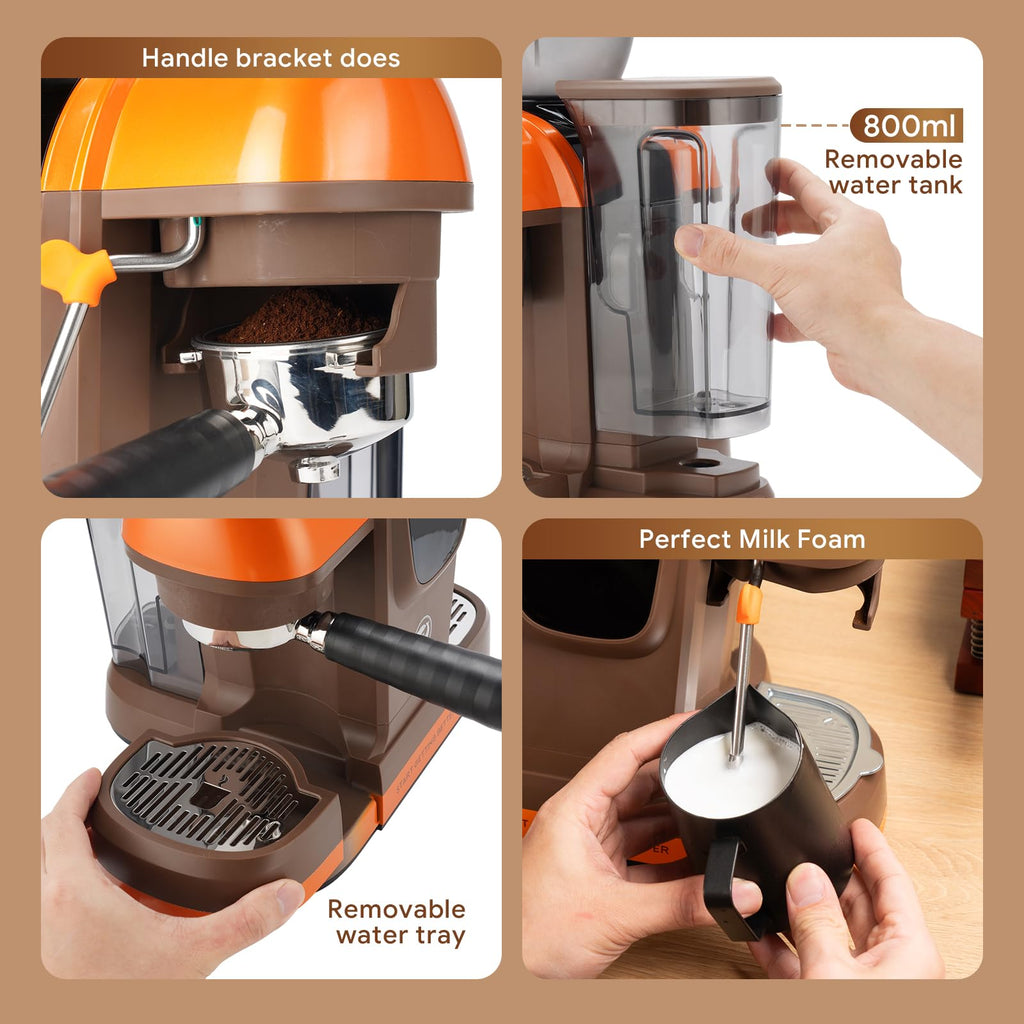 20 Bar Espresso Machine with Grinder & Steam Wand - Semi Automatic Coffee Maker, NTC Intelligent Temp Control, 58mm Stainless Steel Portafilter, One-Touch Panel for Home Barista (BLACK)
