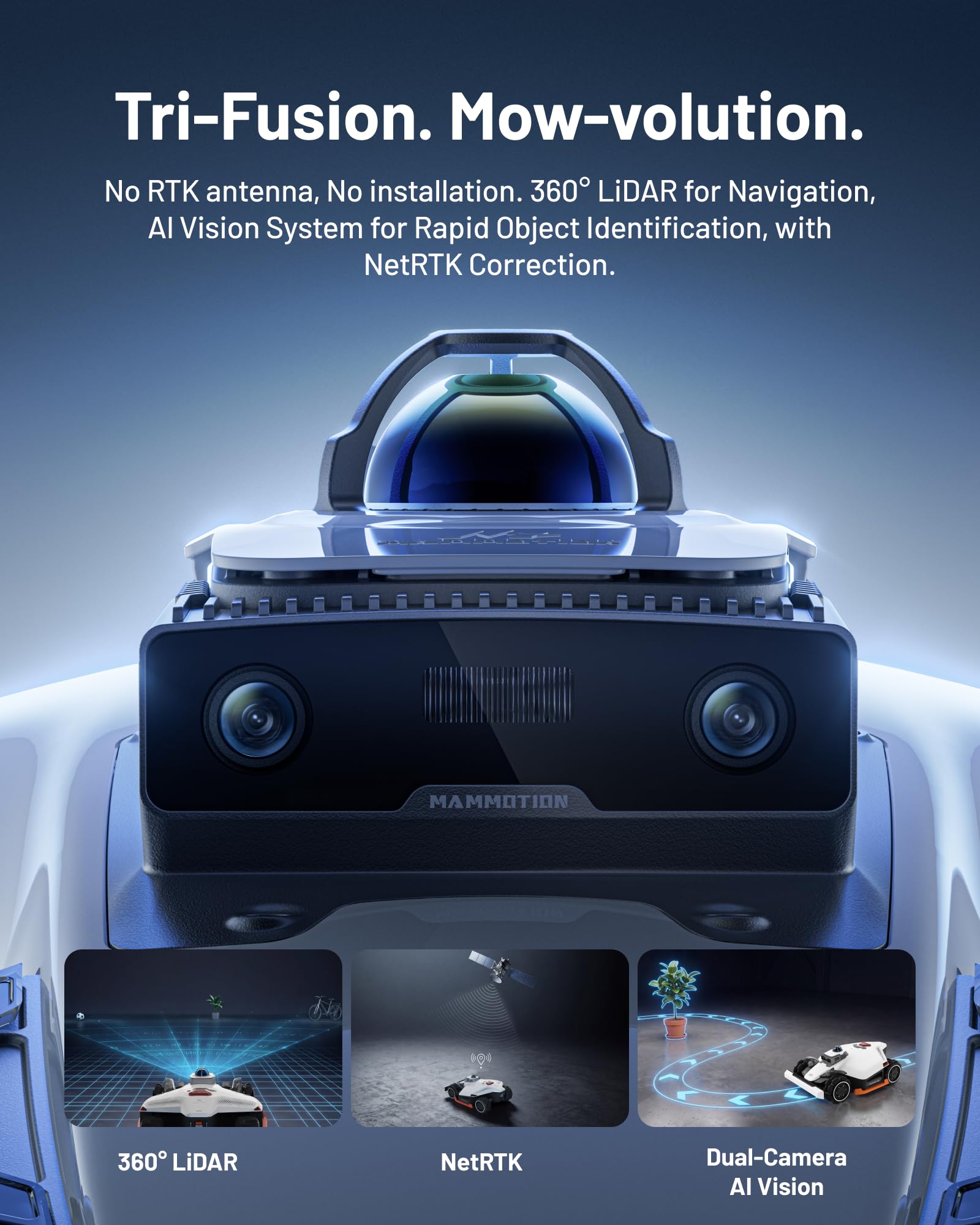 Mammotion LUBA 3 AWD 5000H Robot Lawn Mower for 1.25 Acres, 360° LiDAR+NetRTK+AI Vision Tri-Fusion Positioning, All-Wheel-Drive for 80% Slopes, 50 Multi-Zone Management, Cutting Height 2.2"-4.0"
