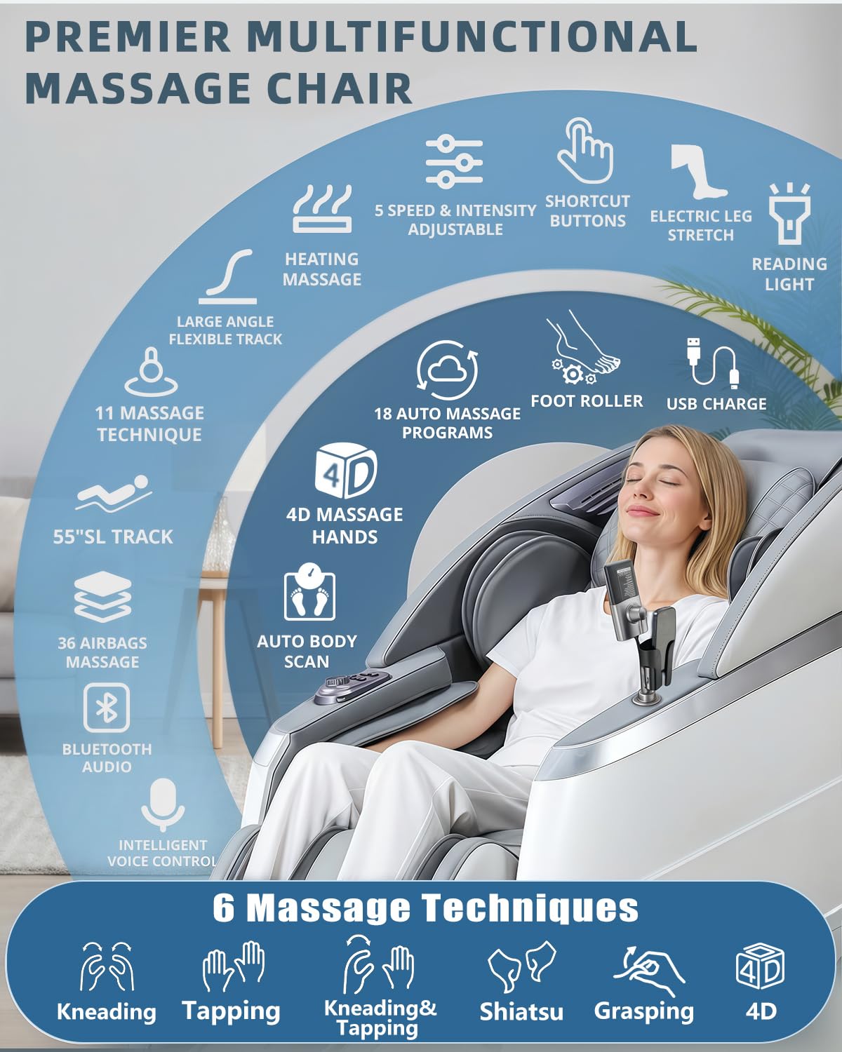 4D Full Body Massage Chair with Flexible 166° Track, Reading Light, 18 Massage Modes, 11 Techniques, 36 Airbags, Zero Gravity Recliner with Yoga Stretch and Foot Massage Beige