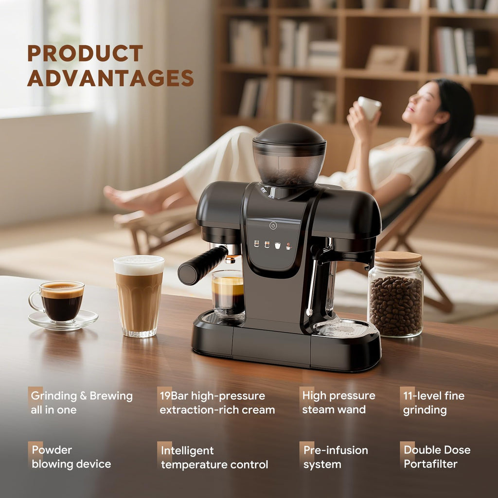 20 Bar Espresso Machine with Grinder & Steam Wand - Semi Automatic Coffee Maker, NTC Intelligent Temp Control, 58mm Stainless Steel Portafilter, One-Touch Panel for Home Barista (BLACK)