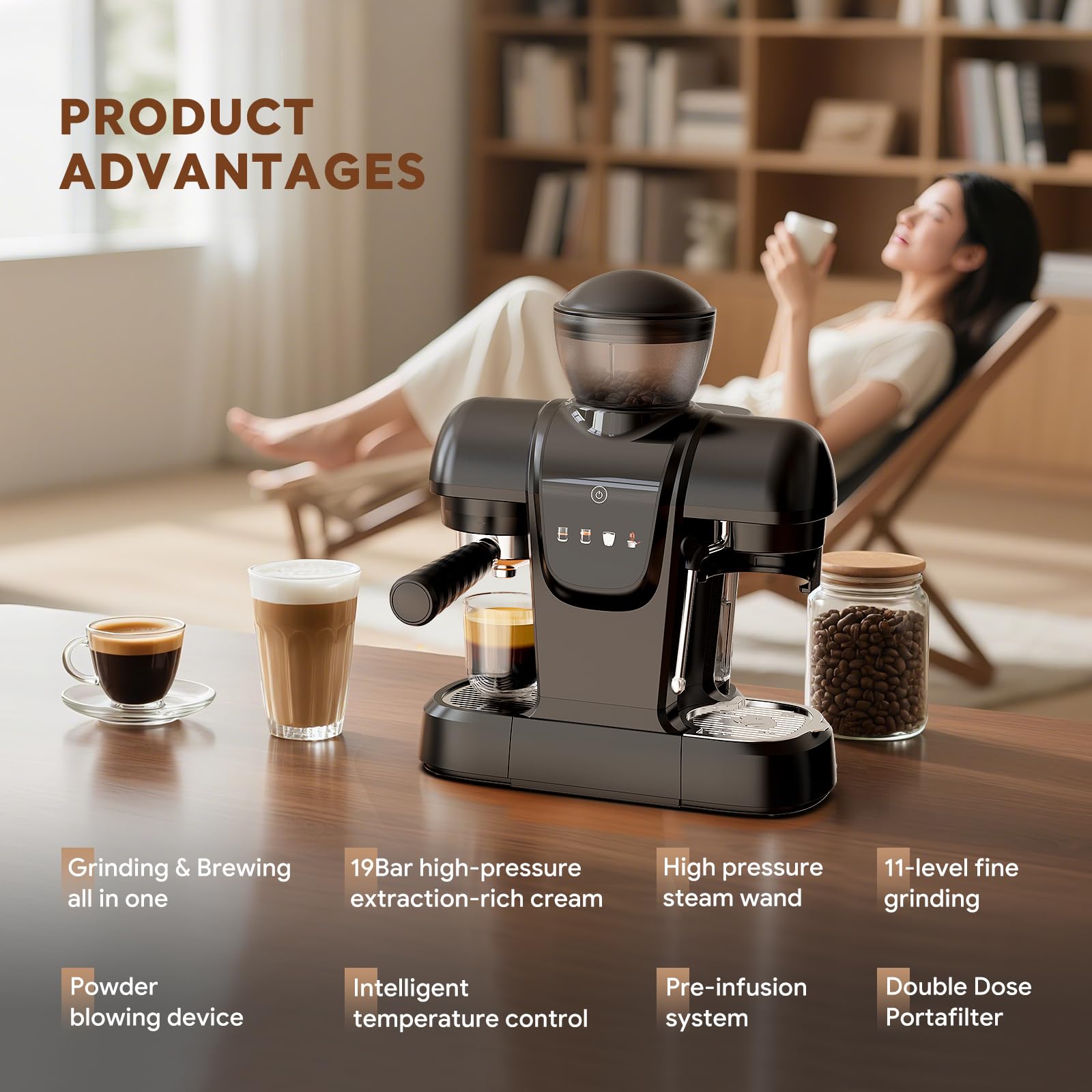 20 Bar Espresso Machine with Grinder & Steam Wand - Semi Automatic Coffee Maker, NTC Intelligent Temp Control, 58mm Stainless Steel Portafilter, One-Touch Panel for Home Barista (BLACK)