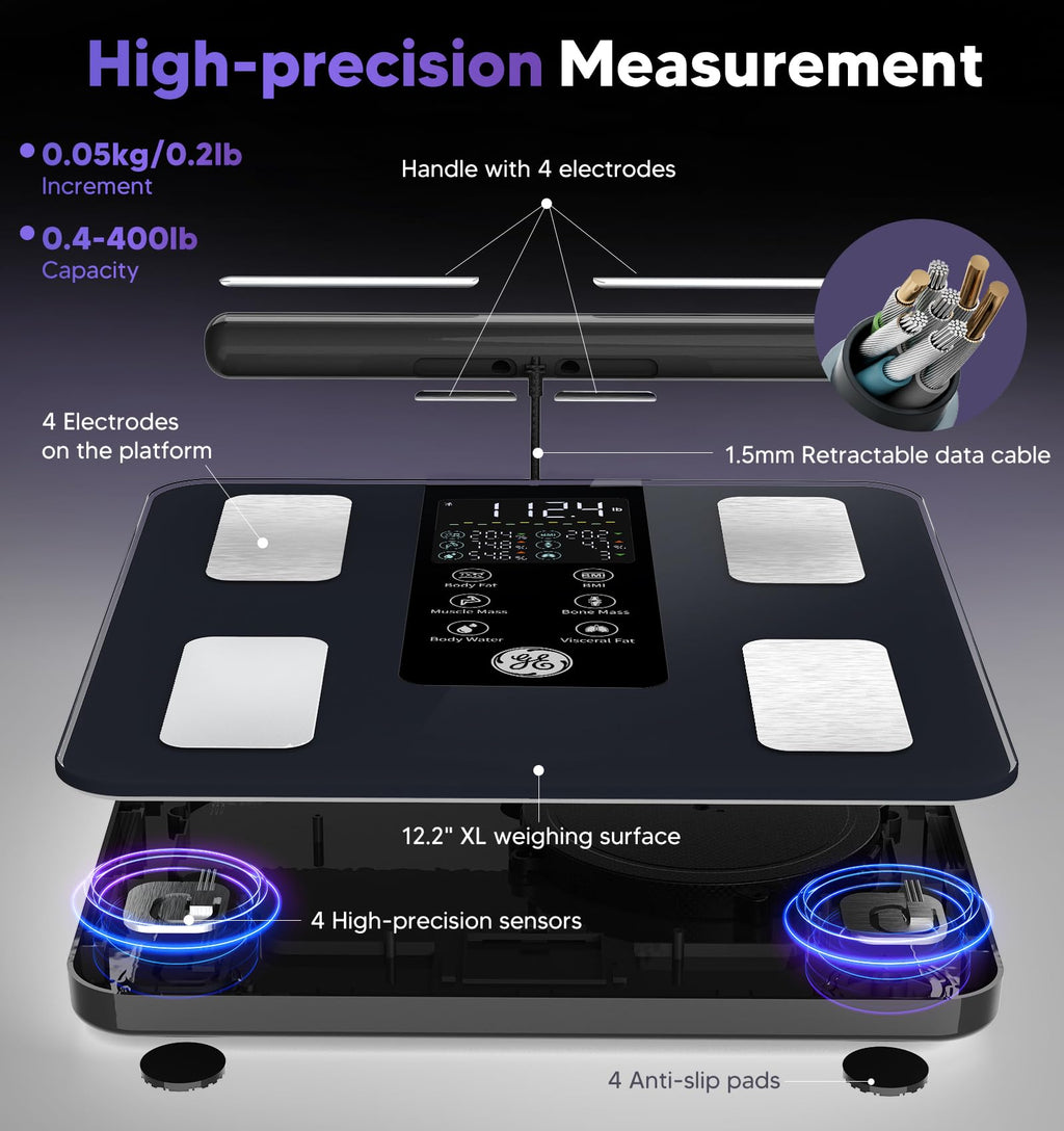 GE Smart Scale for Body Weight: 8-Electrode Digital Bathroom Scale for Weight Fat BMI Muscle Mass Full Body Composition Analyzer 50 Measurements Bluetooth Highly Accurate Weighing Machine 400lb White