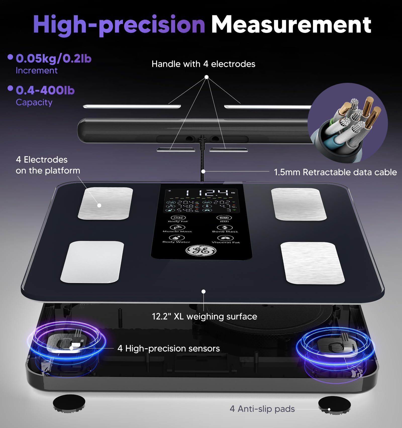 GE Smart Scale for Body Weight: 8-Electrode Digital Bathroom Scale for Weight Fat BMI Muscle Mass Full Body Composition Analyzer 50 Measurements Bluetooth Highly Accurate Weighing Machine 400lb White