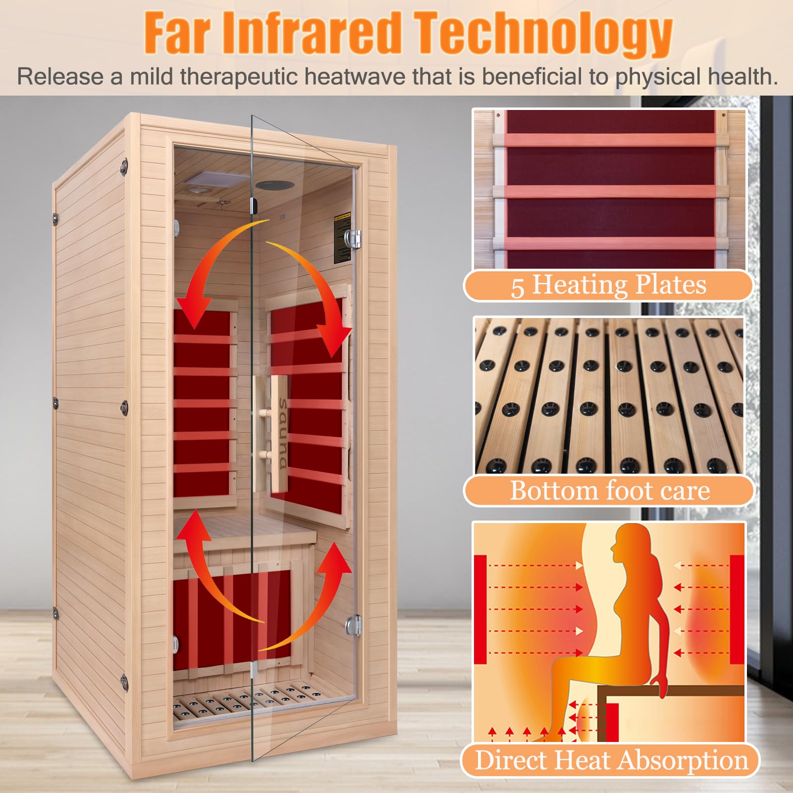 1350W Far Infrared Home Sauna, Energy-Efficient Fast-Heating Indoor Sauna Room with Bluetooth & 7-Color Therapy, Canadian Hemlock Wood, Modular Design - Ideal for Home Gym, Family Relaxation