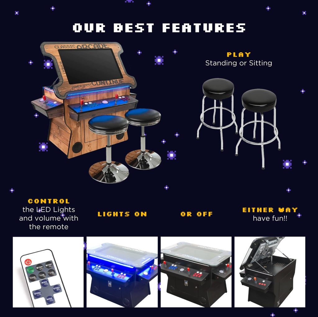 Creative Arcades Full Size Commercial Grade Cocktail Arcade Machine w/Lifting Screen | Trackball | Three-Sided | 4 Sanwa Joysticks | 2 Stools (4500 Games & 32" Screen & Woodgrain Edition)