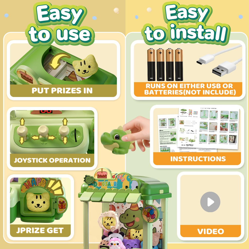 Unicorn Claw Machine for Kids, Arcade Prize Grabber with 20 Mini Plush Toys and 20 Capsules, 3-Lever Controls, Lights and Music, Gift for Ages 3 and Up