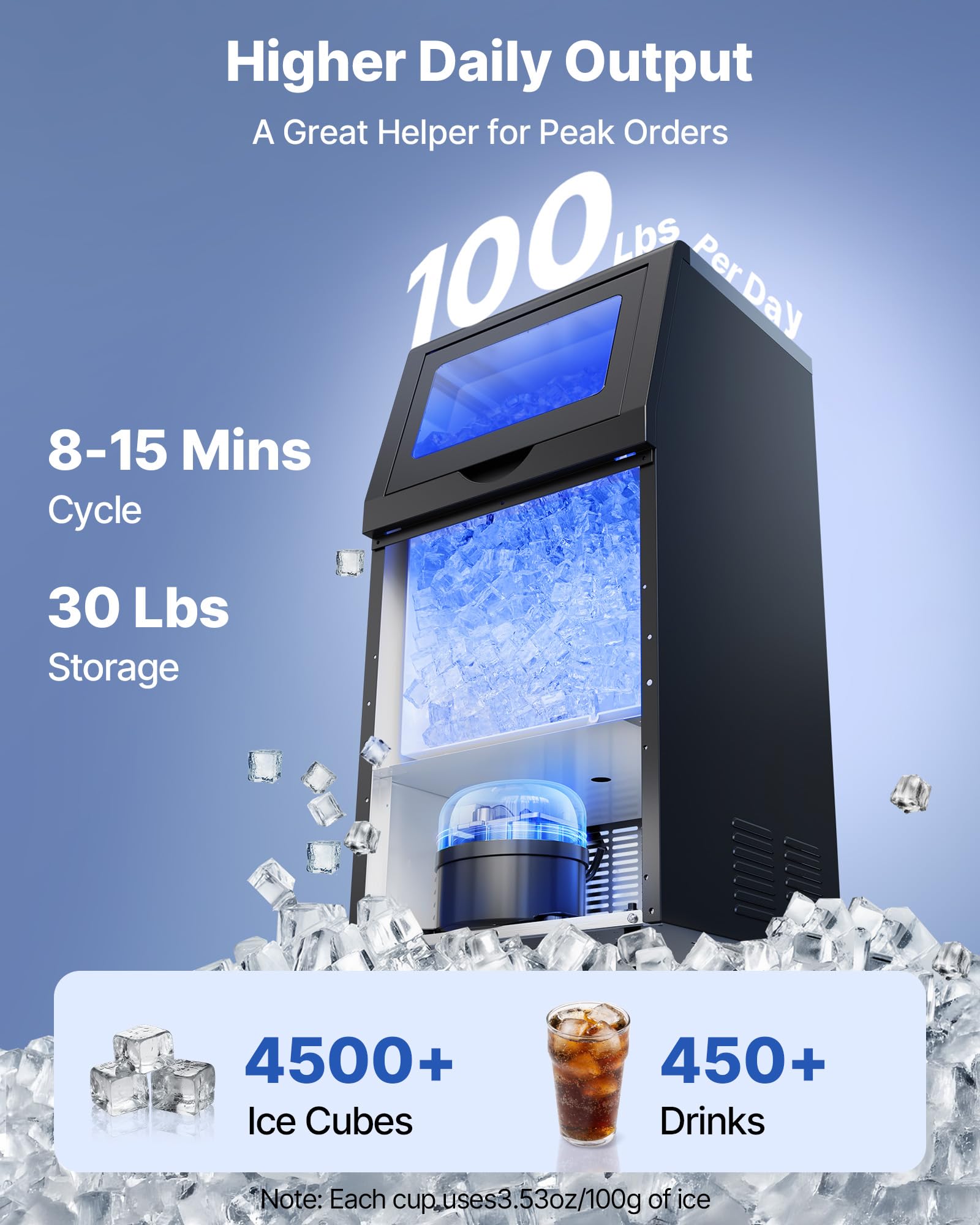 VEVOR Commercial Ice Maker Machine with Pump, 360 lbs/24h with 85 lbs Storage Capacity, Built-in/Freestanding/Under Counter, Stainless Steel Ice Maker with LED Display & Self-Cleaning, for Home Bar