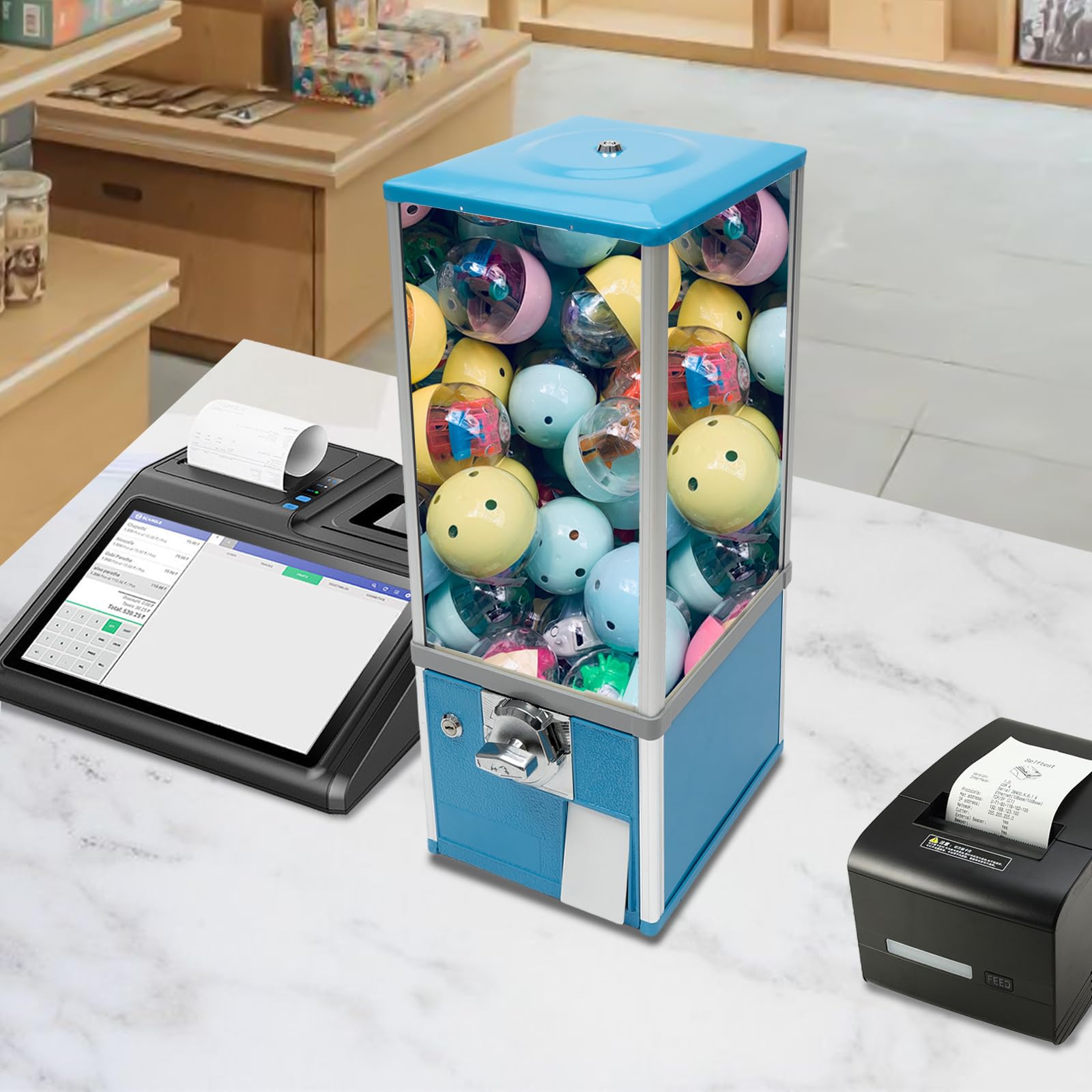 Candy Vending Machine 4X 25 Cents Toys Candy Dispenser Gumball Machine for Retail Stores Parks Game Halls and Home,10.2x10.2x25.2in,with 2 Keys (Blue)