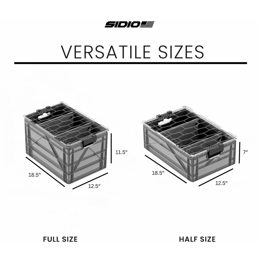 SIDIO CRATE Starter Pack - Two Full Size and One Half Size SidioCrate, Stackable Outdoor Organizer Storage Bins with Clear Lid and Dividers - Tan