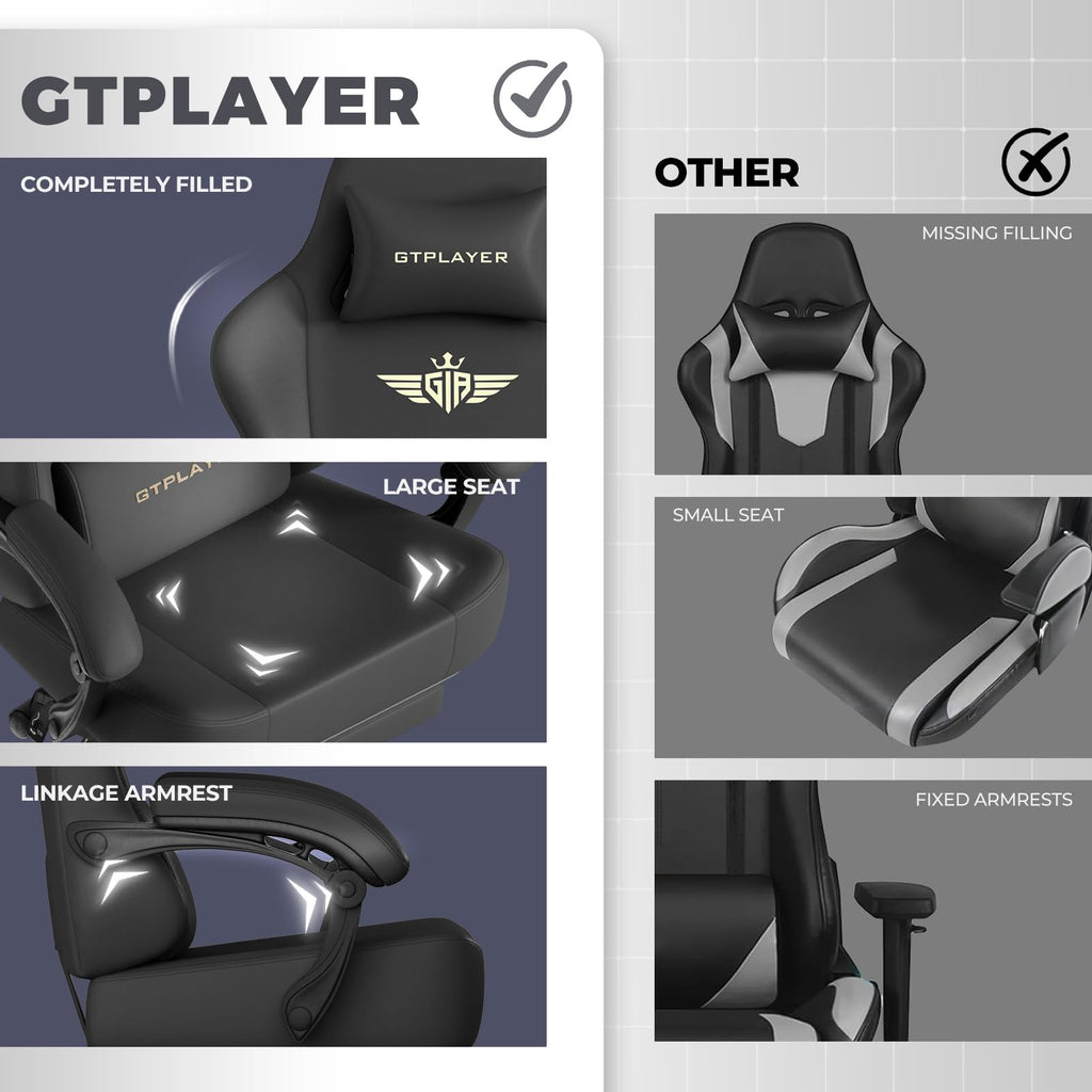GTPLAYER Gaming Chair with Pocket Spring Cushion, Big and Tall Gamings Chairs 350LBS High Back Computer Chair with Footrest for Adults Lumbar Support Swivel Game Chair for Office,Leather Black-Massage