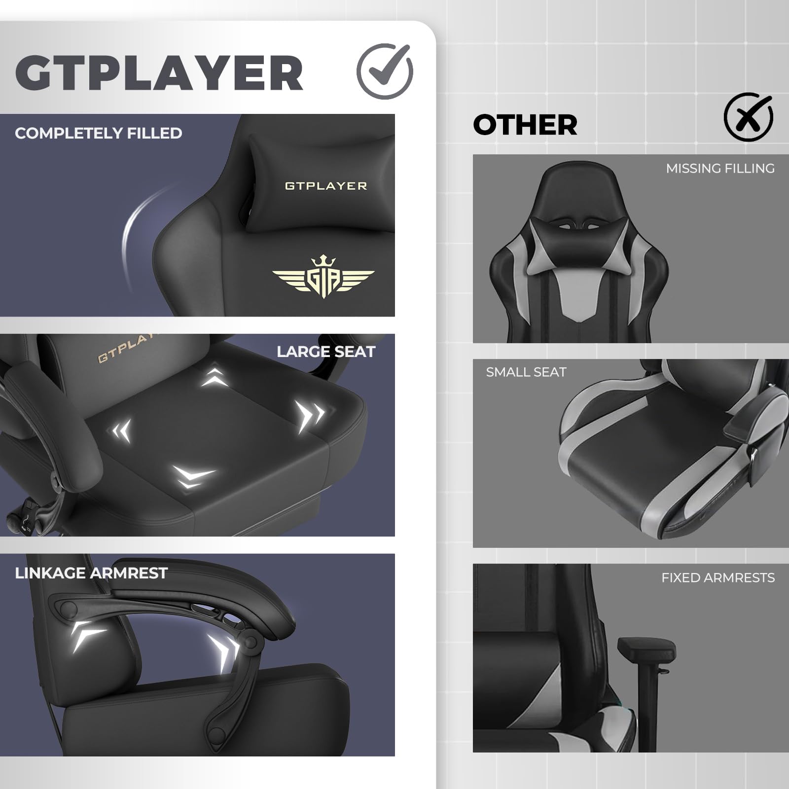 GTPLAYER Gaming Chair with Pocket Spring Cushion, Big and Tall Gamings Chairs 350LBS High Back Computer Chair with Footrest for Adults Lumbar Support Swivel Game Chair for Office,Leather Black-Massage