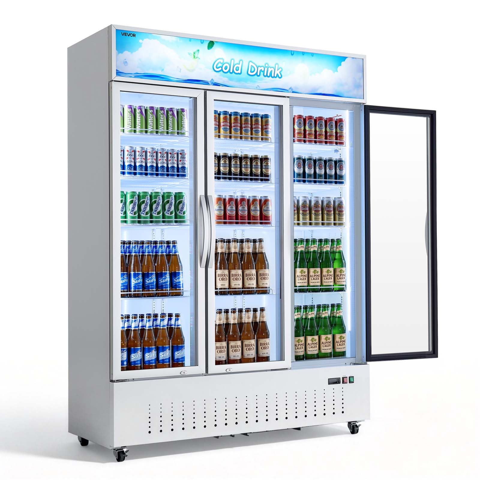 VEVOR Commercial Merchandiser Refrigerator, 6.9 Cu.Ft / 195L Glass Door Display Refrigerator, Upright Beverage Cooler Fridge with 4 Adjustable Shelves, Soft LED Light & Casters for Homes Shops Bars