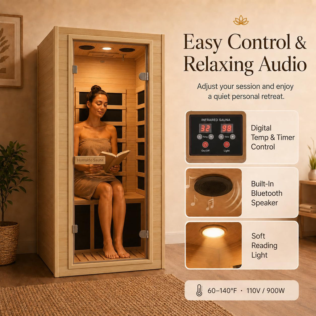 1350W Far Infrared Home Sauna, Energy-Efficient Fast-Heating Indoor Sauna Room with Bluetooth & 7-Color Therapy, Canadian Hemlock Wood, Modular Design - Ideal for Home Gym, Family Relaxation