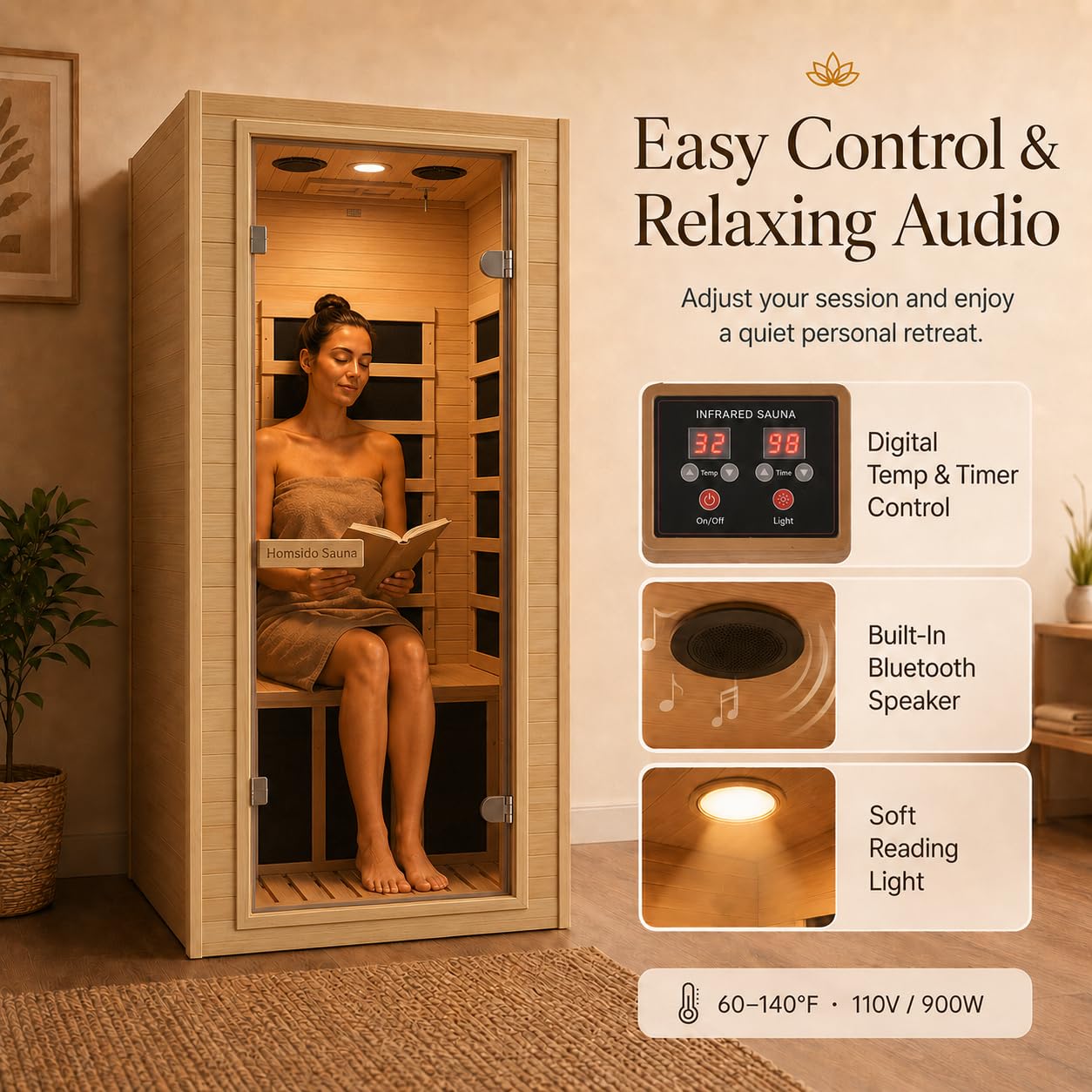 1350W Far Infrared Home Sauna, Energy-Efficient Fast-Heating Indoor Sauna Room with Bluetooth & 7-Color Therapy, Canadian Hemlock Wood, Modular Design - Ideal for Home Gym, Family Relaxation
