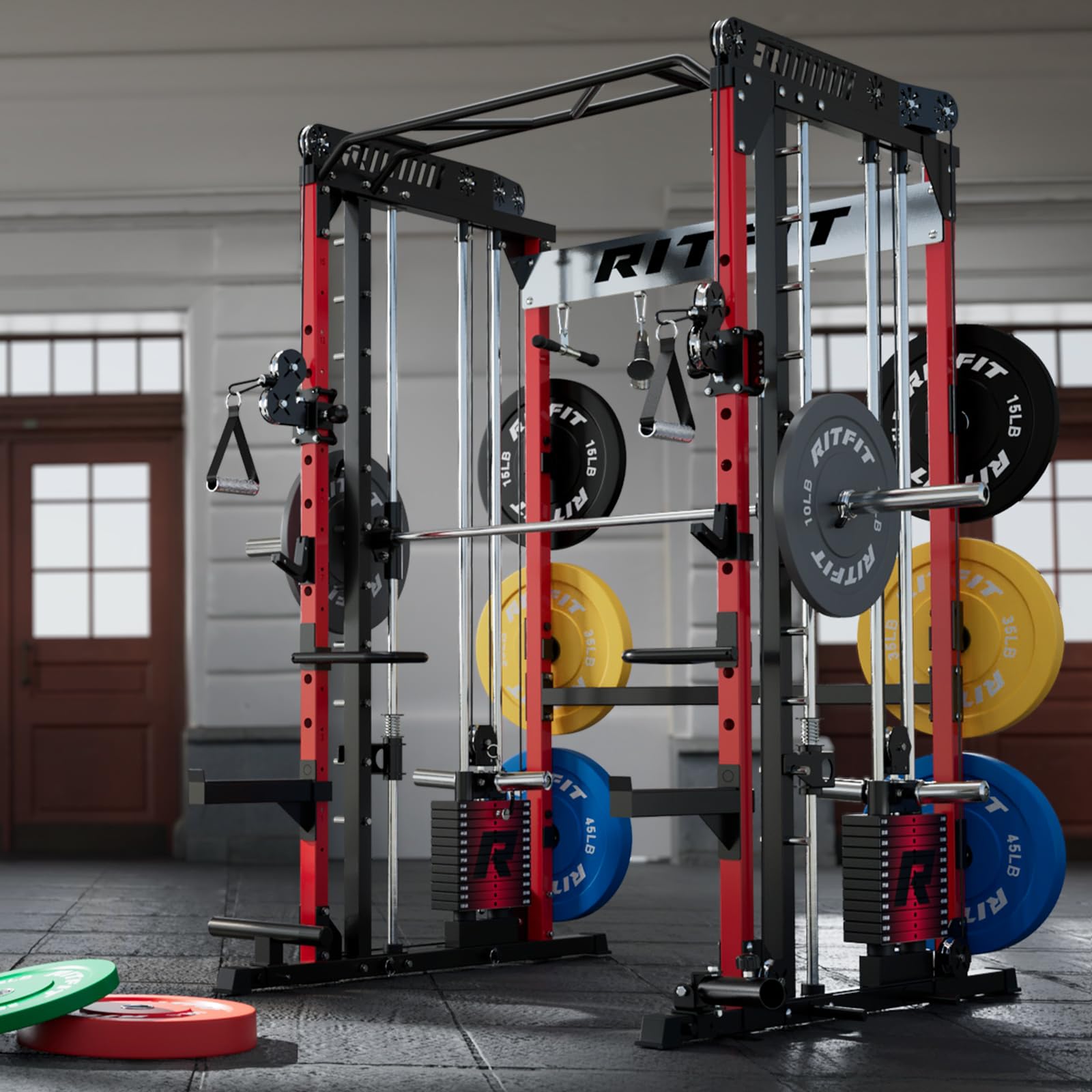 RitFit M1 Pro Smith Machine Package, All-in-One Power Cage with Weight Stack Set, Includes LAT Pulldown & Cable Crossover System for Home Gym