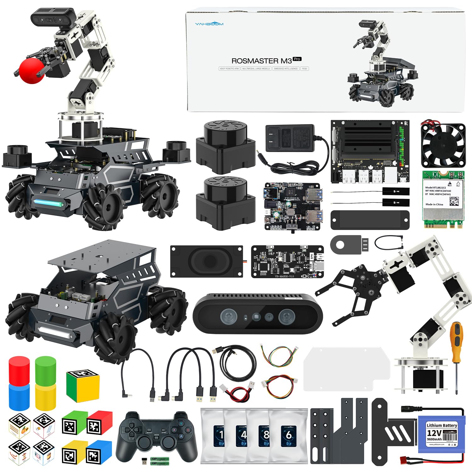 Yahboom ROS2 Robot Kit with Jetson Orin Nano 8GB Super Large AI Model with 6DOF Robotic Arm, 7-inch HD Display,AI Voice Interaction Module Provides AI Vision App Control