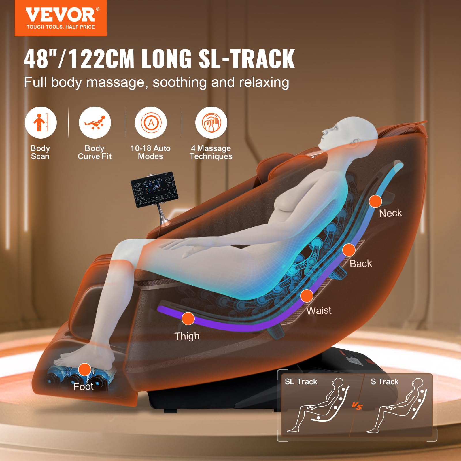 VEVOR Massage Chair - Full Body Zero Gravity Recliner with Multi Auto Modes, 3D Shiatsu, Heating, Bluetooth Speaker, Airbag, Foot Roller, and Touch Screen