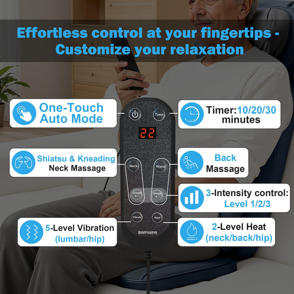 Shiatsu Neck Back Massage Cushion with Heat - 4D Kneading Massager w/Vibration, Dual-Neck Design, Adjustable Intensity/Height, Ease Muscle Tightness from Long Sitting, for Office, Home, Blue